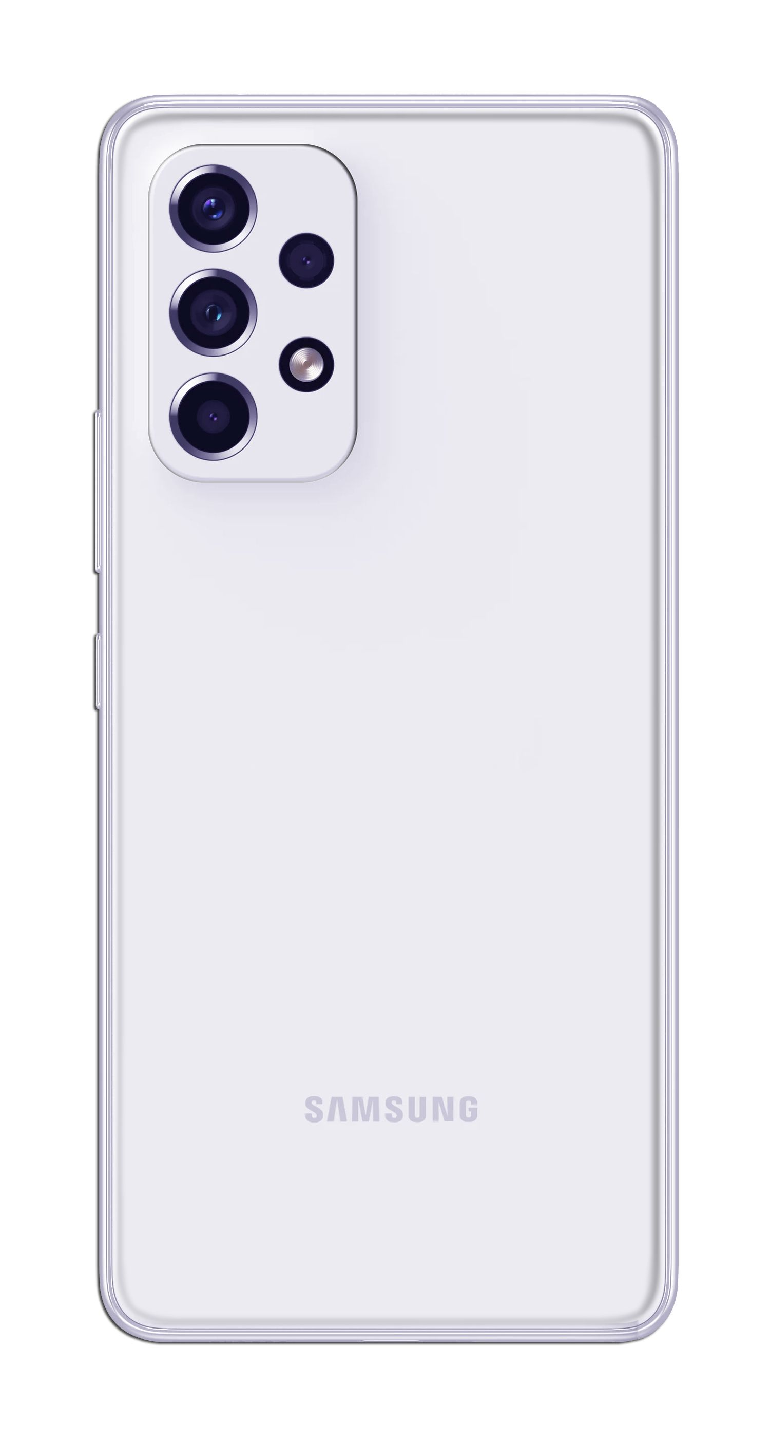 Ein weißes Samsung-Telefon mit mehreren Rückkameras, darunter steht das Wort SAMSUNG.