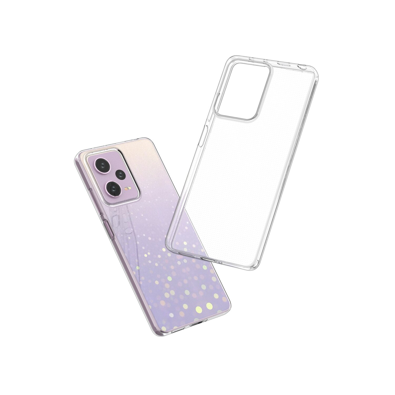 Zwei Handyhüllen, eine transparente und eine lila, sind auf weißem Hintergrund abgebildet. In der lila Hülle steckt ein Telefon.