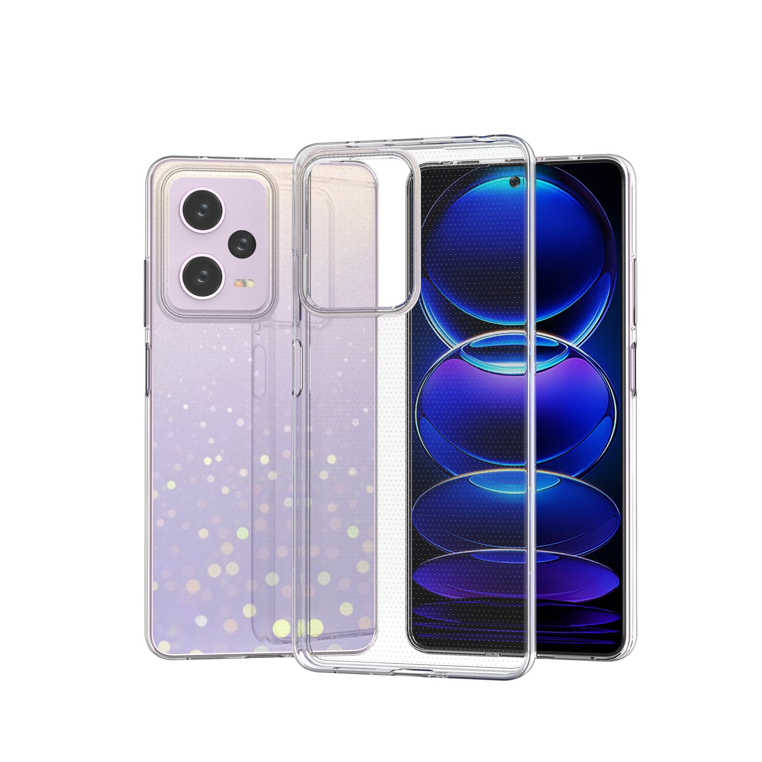 Eine transparente Handyhülle mit einem Telefon darin. Das Telefon hat eine Mehrfachkamera.