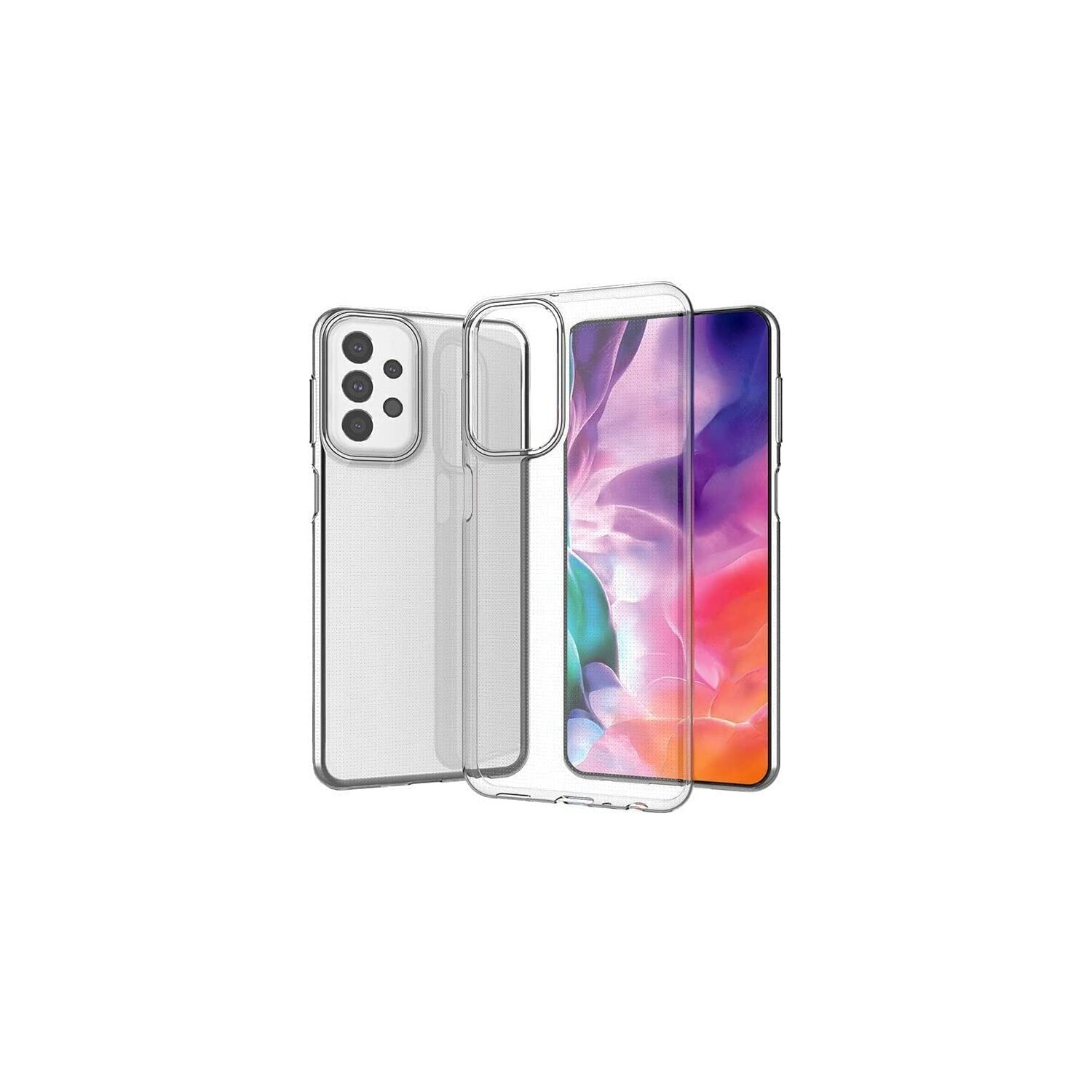 Custodia trasparente per telefono e telefono con sfondo viola. Sfondo bianco.