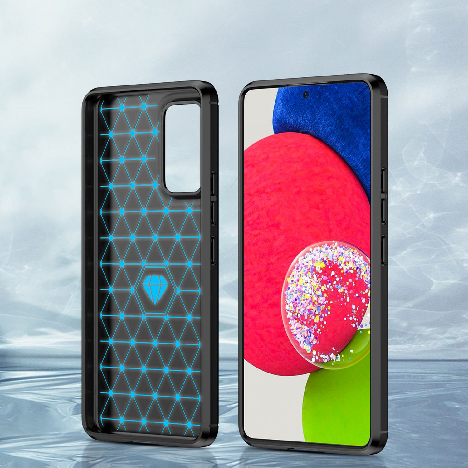 Zwei schwarze Handyhüllen, eine offen, eine geschlossen. Die geschlossene hat ein rot-blaues Design.