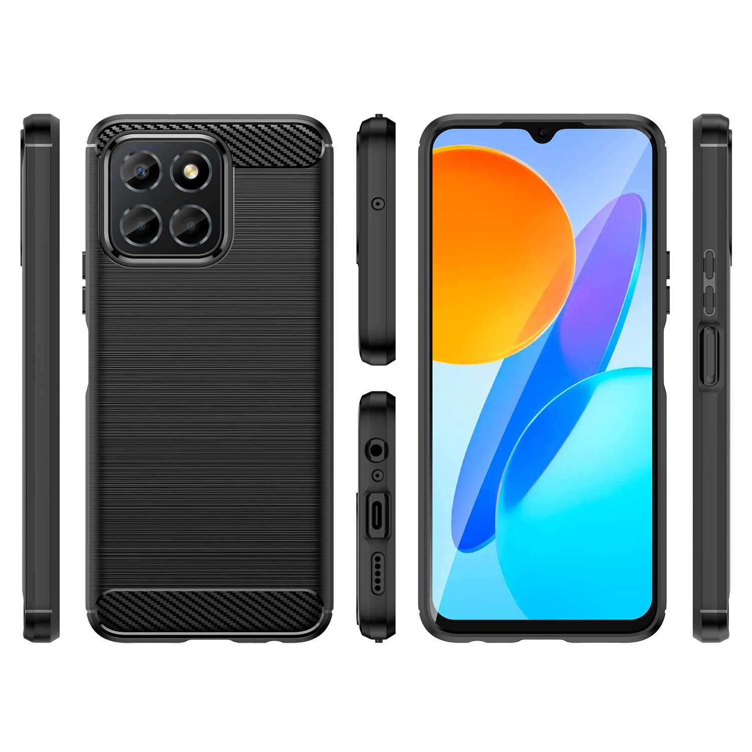 Custodia nera per telefono con design fotocamera. Vengono mostrate diverse viste.