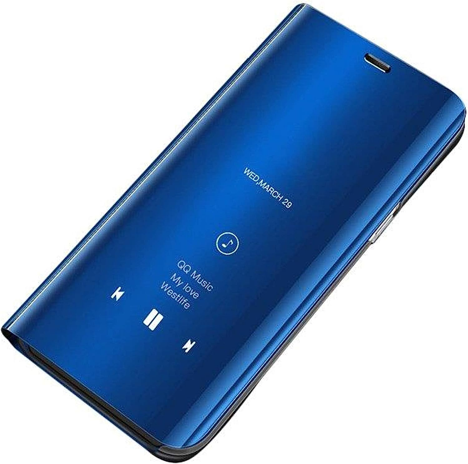 Eine blaue Handyhülle mit Datum und Musiksteuerung. Ein Musiknoten-Symbol ist sichtbar. Die Hülle ist reflektierend.