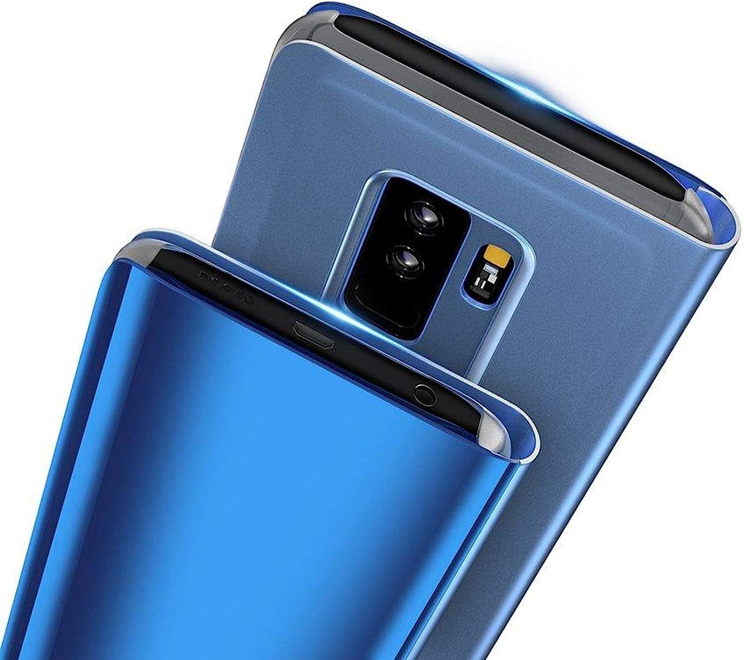 Zwei blaue Smartphones werden gezeigt, eines über dem anderen. Die Kamera des oberen Telefons ist sichtbar, reflektiert Licht.