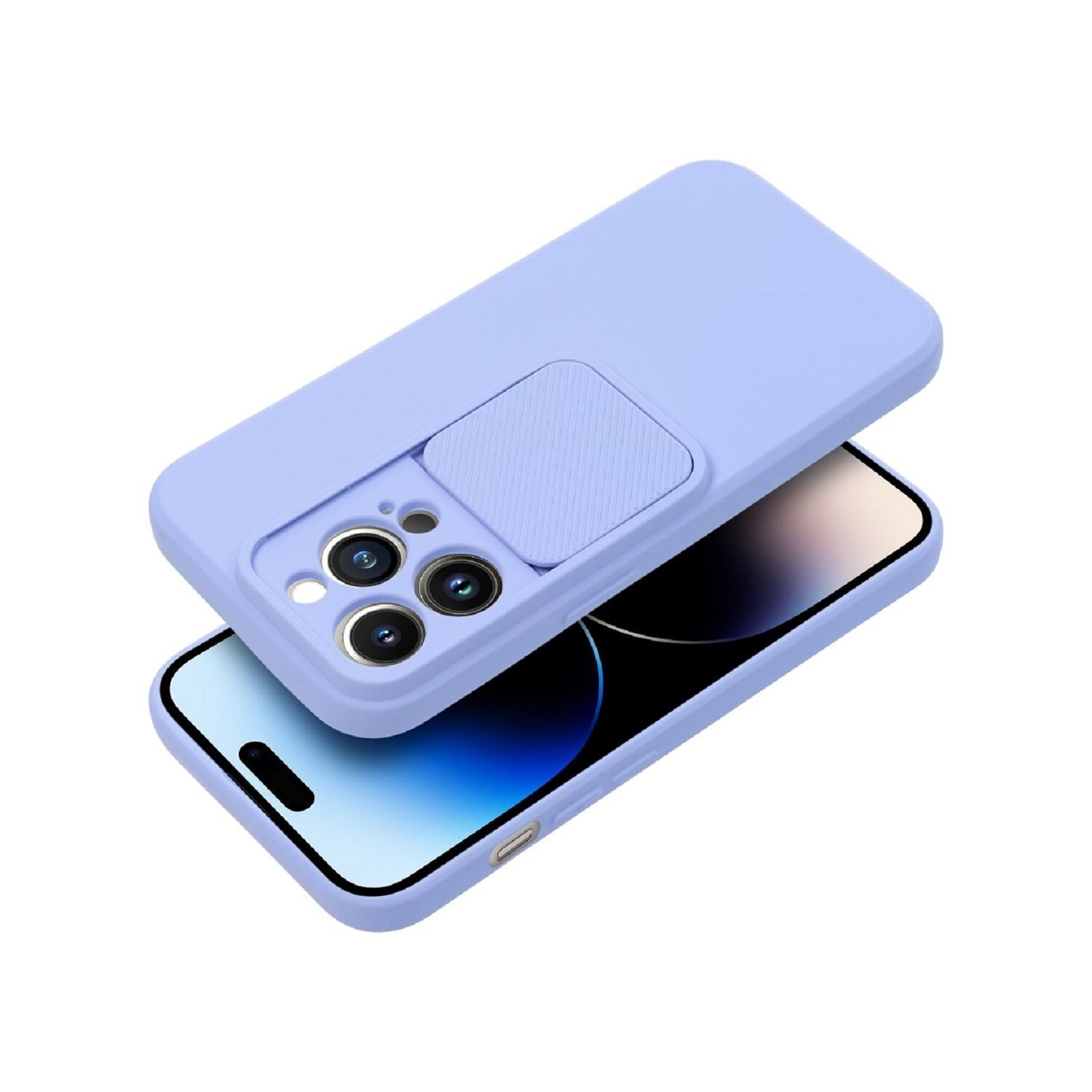 Eine hellviolette Handyhülle liegt auf einem schwarzen Telefon. Die Hülle hat eine Schiebe-Kameraabdeckung.