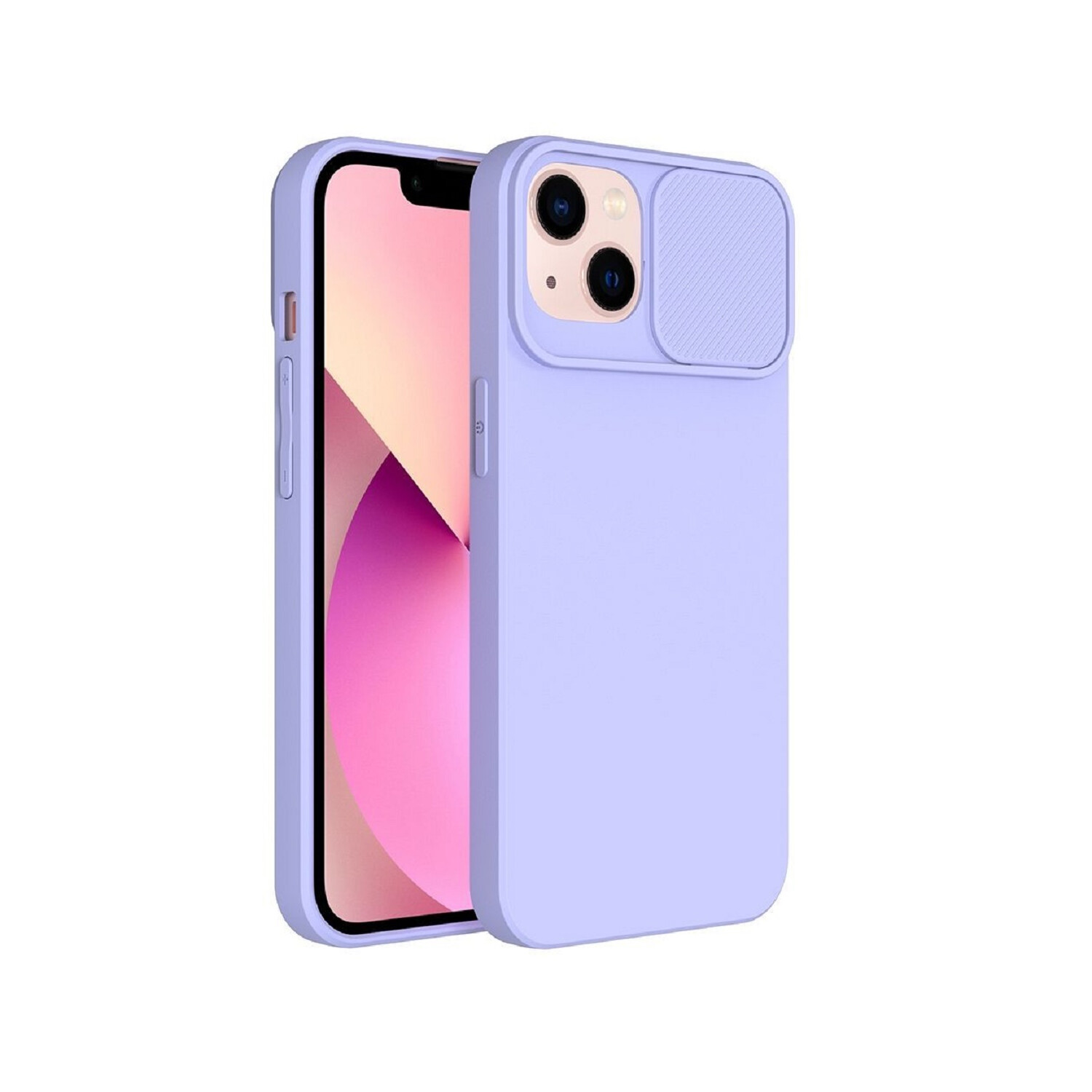 Ein lila Telefon mit Kameraabdeckung neben einem anderen Telefon. Der Hintergrund ist weiß.