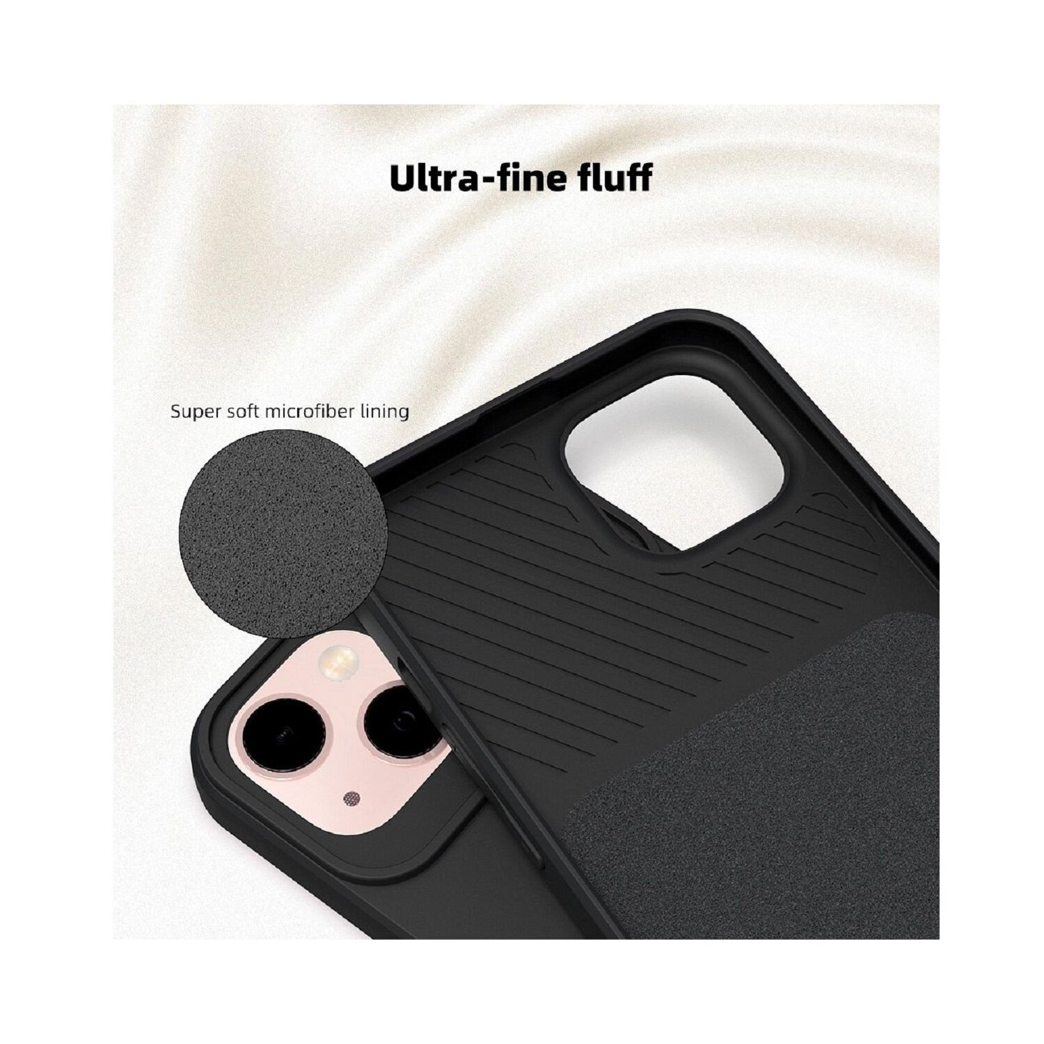 Nahaufnahme des Inneren einer Handyhülle. Sie ist schwarz mit ultrafeinem Flor.