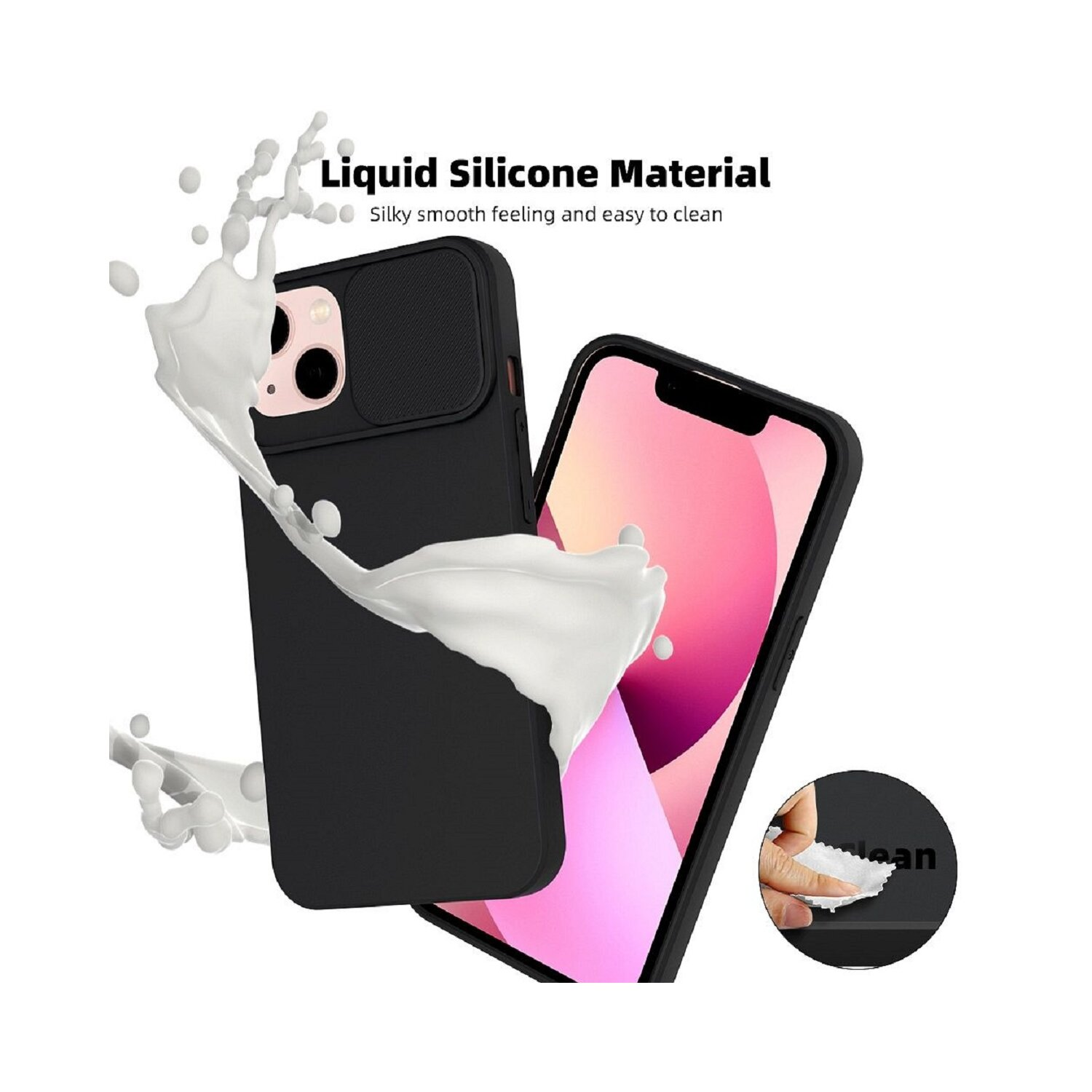 Schwarze Handyhülle mit verschiebbarer Kameraabdeckung. Die Handyhülle befindet sich auf einem Telefon. Rosa Hintergrund.