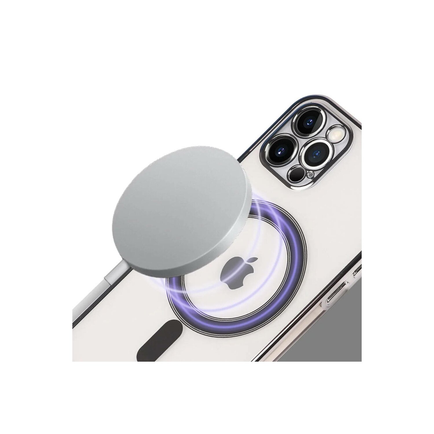 Ein Telefon mit transparenter Hülle, einem weißen magnetischen Ladegerät und einem lila Ladering.
