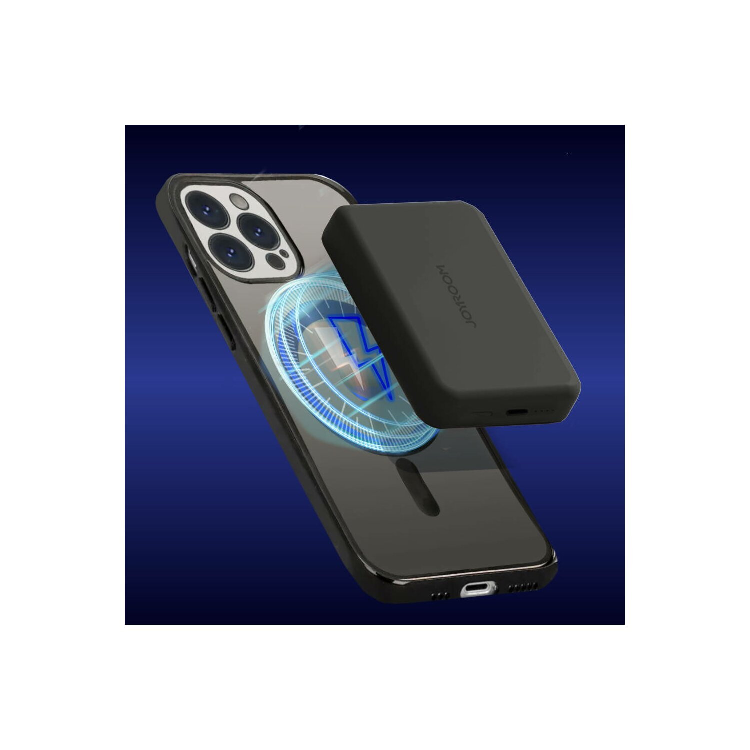 Schwarzes Telefon mit kabellosem Ladepad. Das Pad lädt das Telefon. Blaues und weißes Licht geht vom Pad aus.