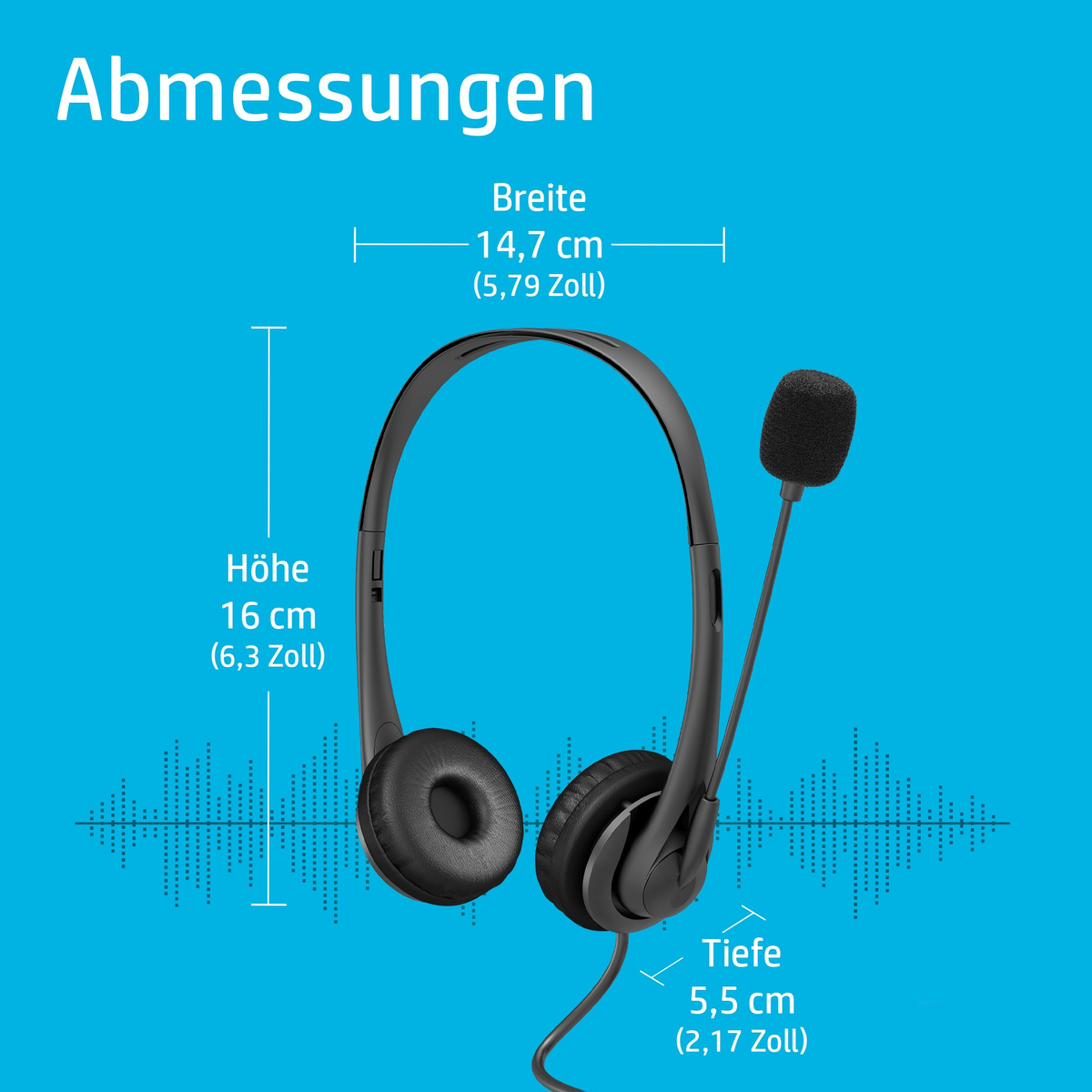Headset mit Mikrofon, Abmessungen auf blauem Hintergrund.