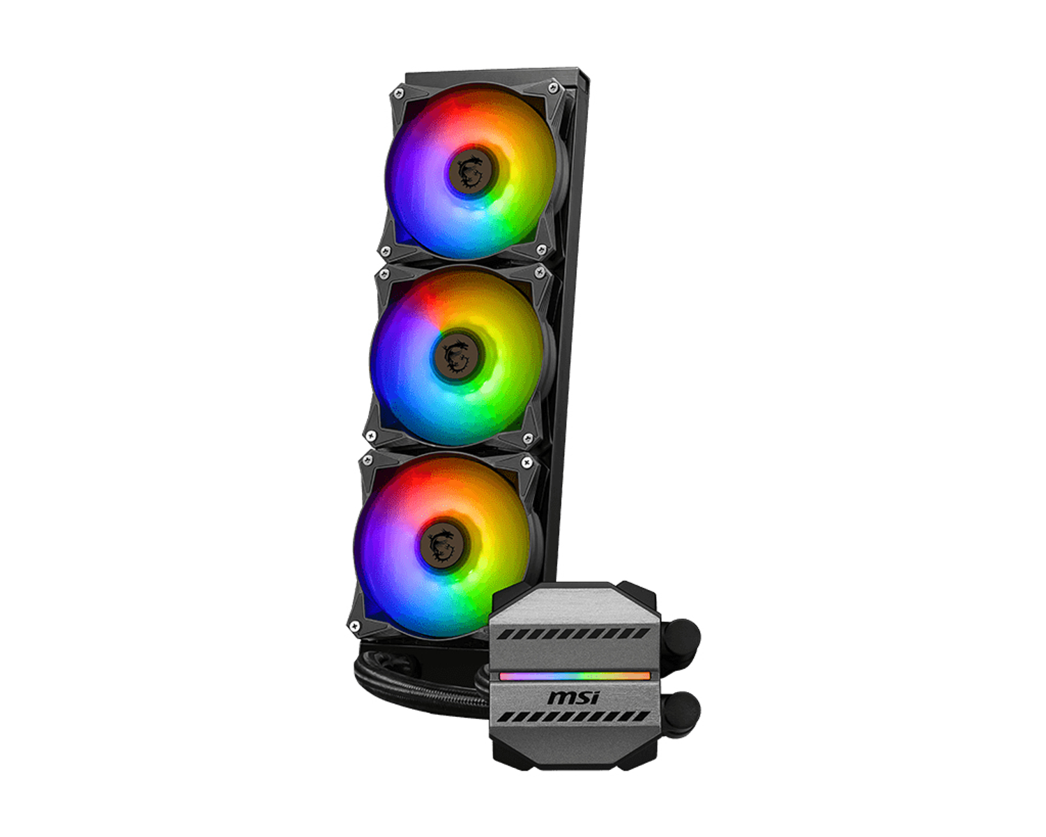 Computer-Kühlsystem mit drei Lüftern mit Regenbogenlichtern und einem Wasserblock.
