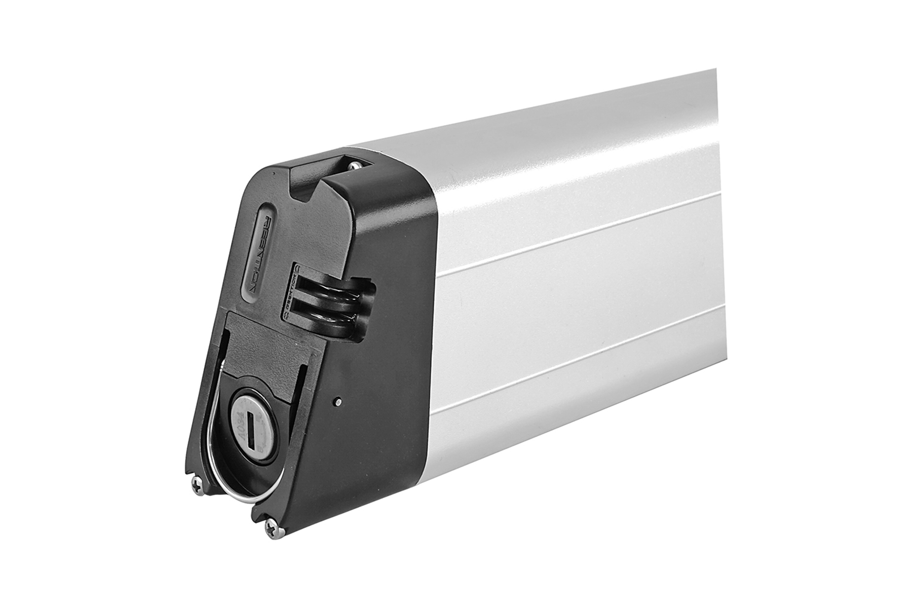 Eine silberne und schwarze Batterie mit einem schwarzen Anschluss.