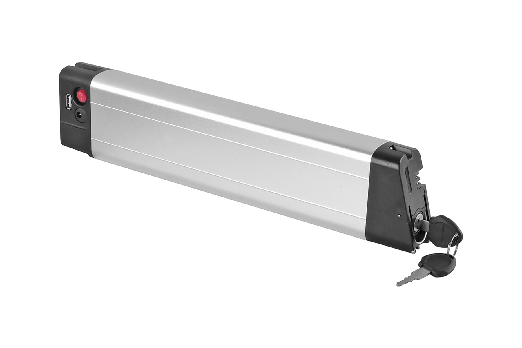 Silberner, rechteckiger E-Bike-Akku mit schwarzen Endkappen und Schlüsseln. USB-Anschluss.