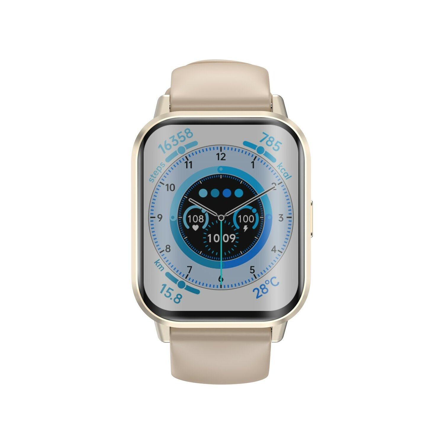 Eine goldene Smartwatch mit quadratischem Zifferblatt. Es zeigt Schritte, Herzfrequenz und Uhrzeit.