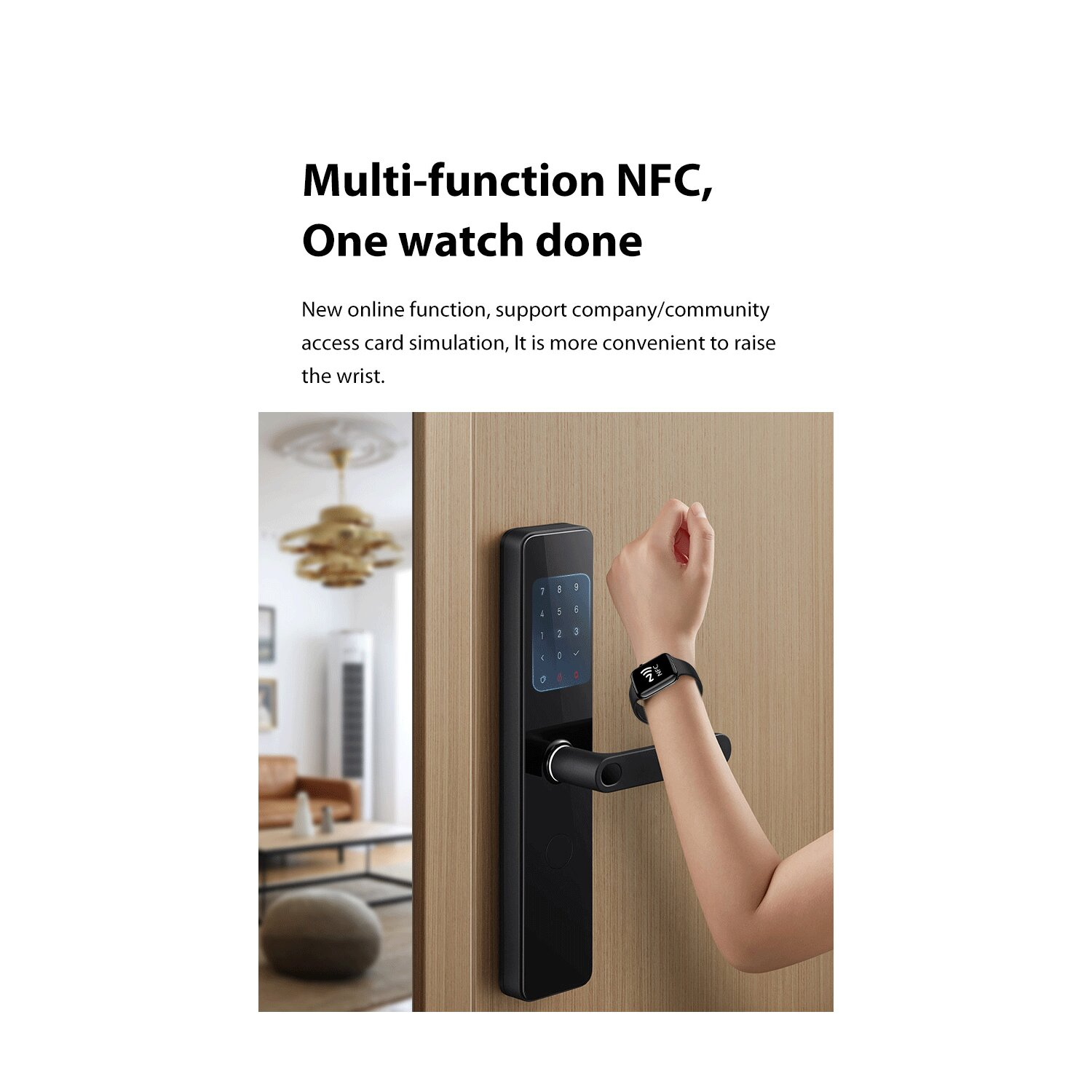 Eine Person benutzt ein Smart Lock mit einer Uhr am Handgelenk. Das Schloss hat eine Tastatur. Text auf der Tür: 'Multi-function NFC'.