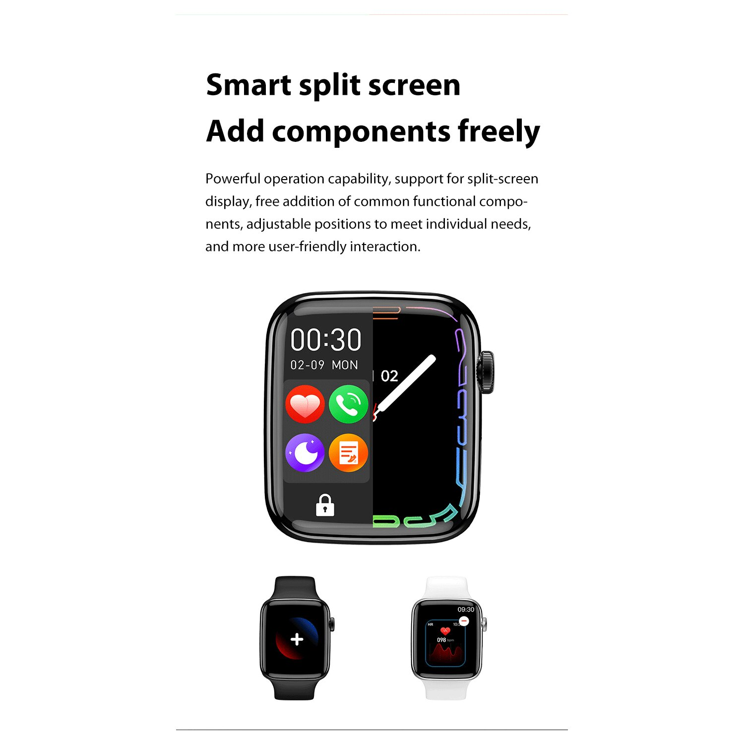 Ein Smartwatch-Bildschirm zeigt Apps an. Zwei weitere Smartwatches werden gezeigt, eine schwarze und eine weiße.