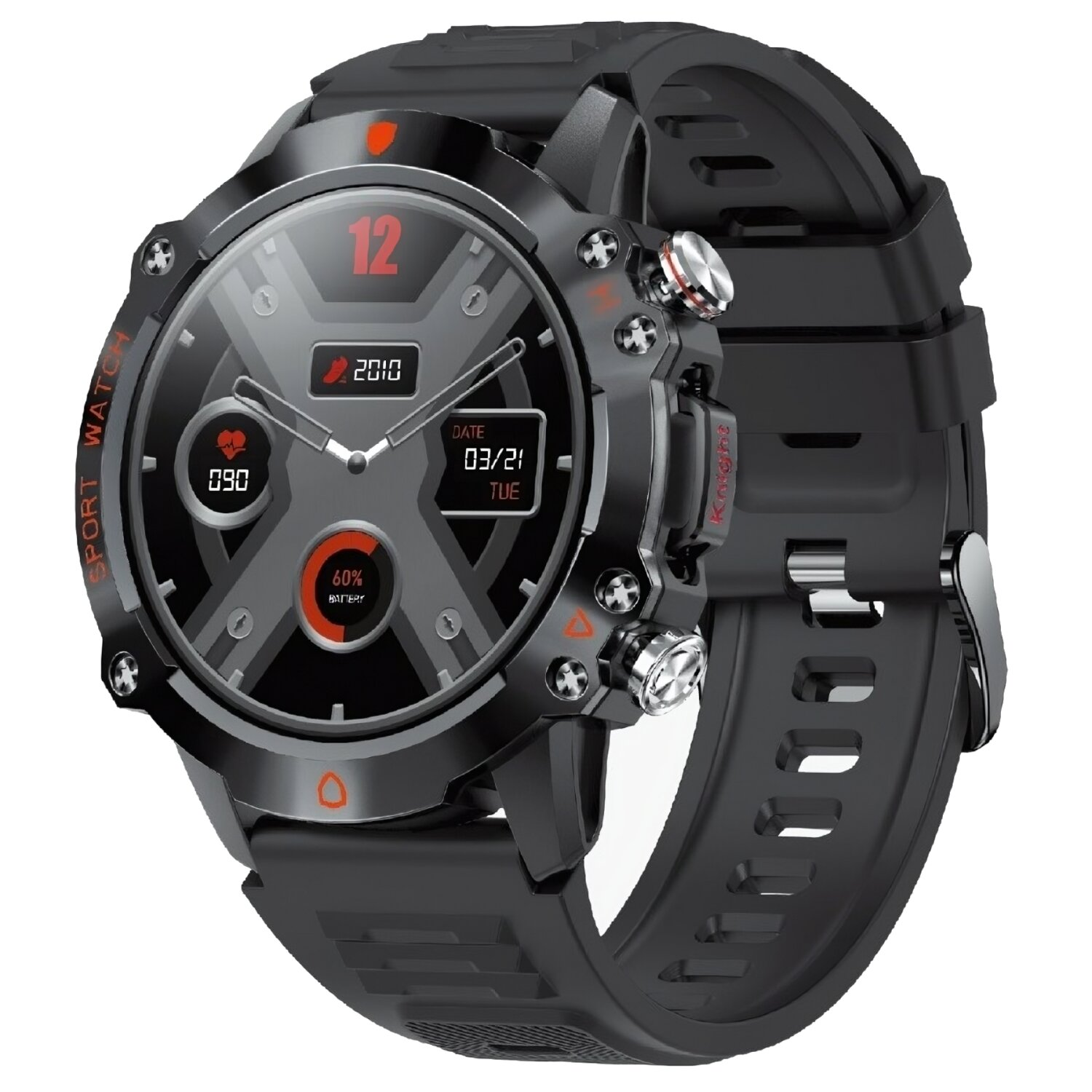 Schwarze und graue Smartwatch. Digitalanzeige mit Datum, Uhrzeit, Akku und Herzfrequenz.