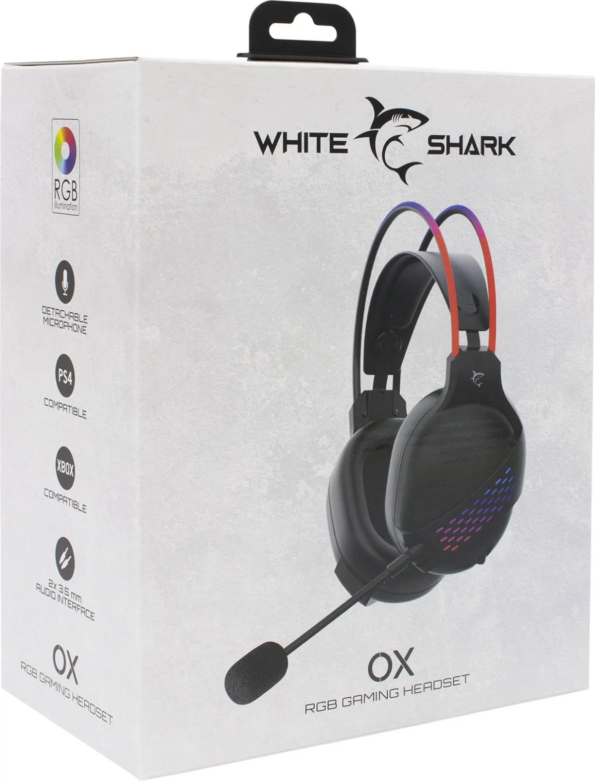 Una scatola per cuffie da gioco White Shark OX RGB con cuffie e microfono staccabile visibili.