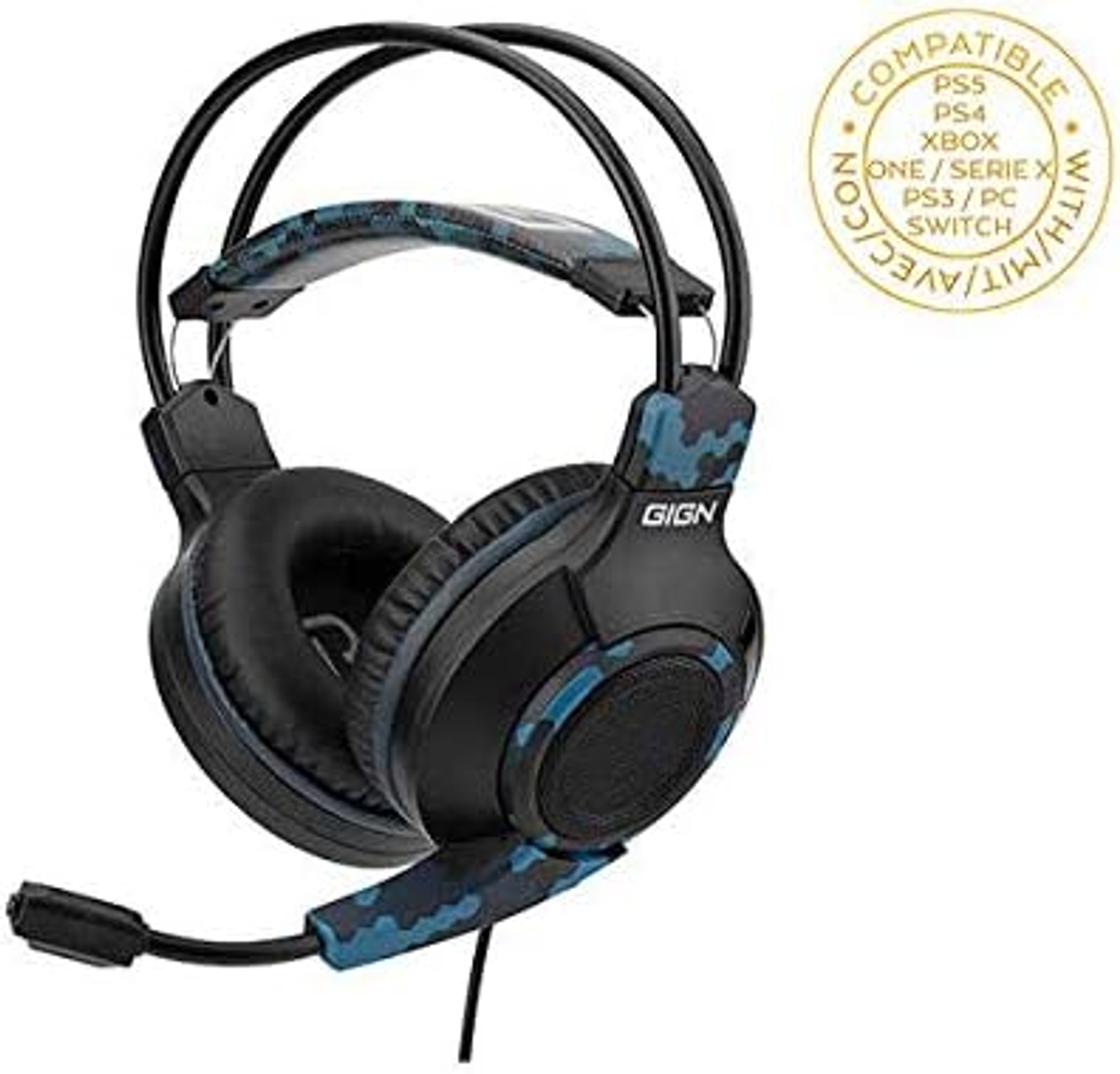 Cuffie da gioco, nere con mimetica blu, con microfono e cavo.
