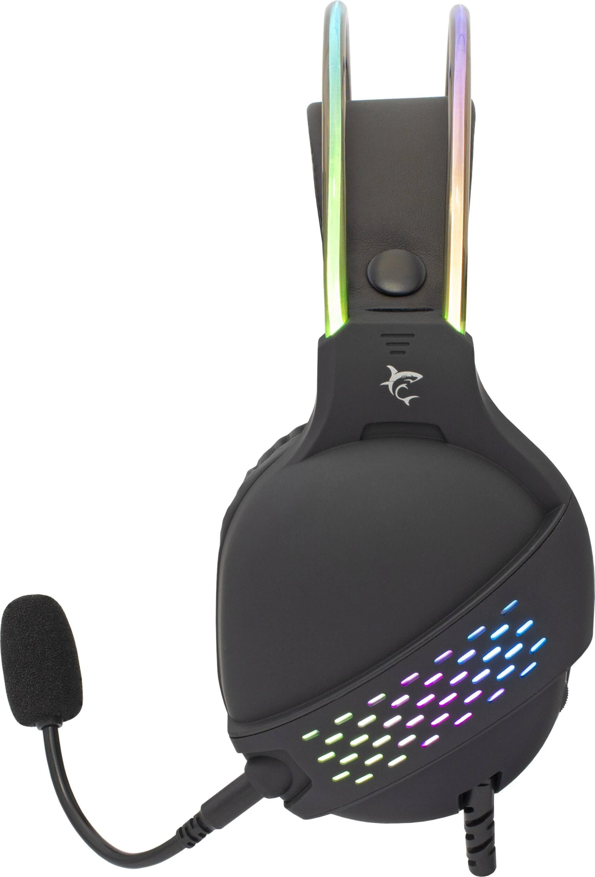 Una cuffia da gaming nera con microfono e luci LED colorate sui padiglioni.