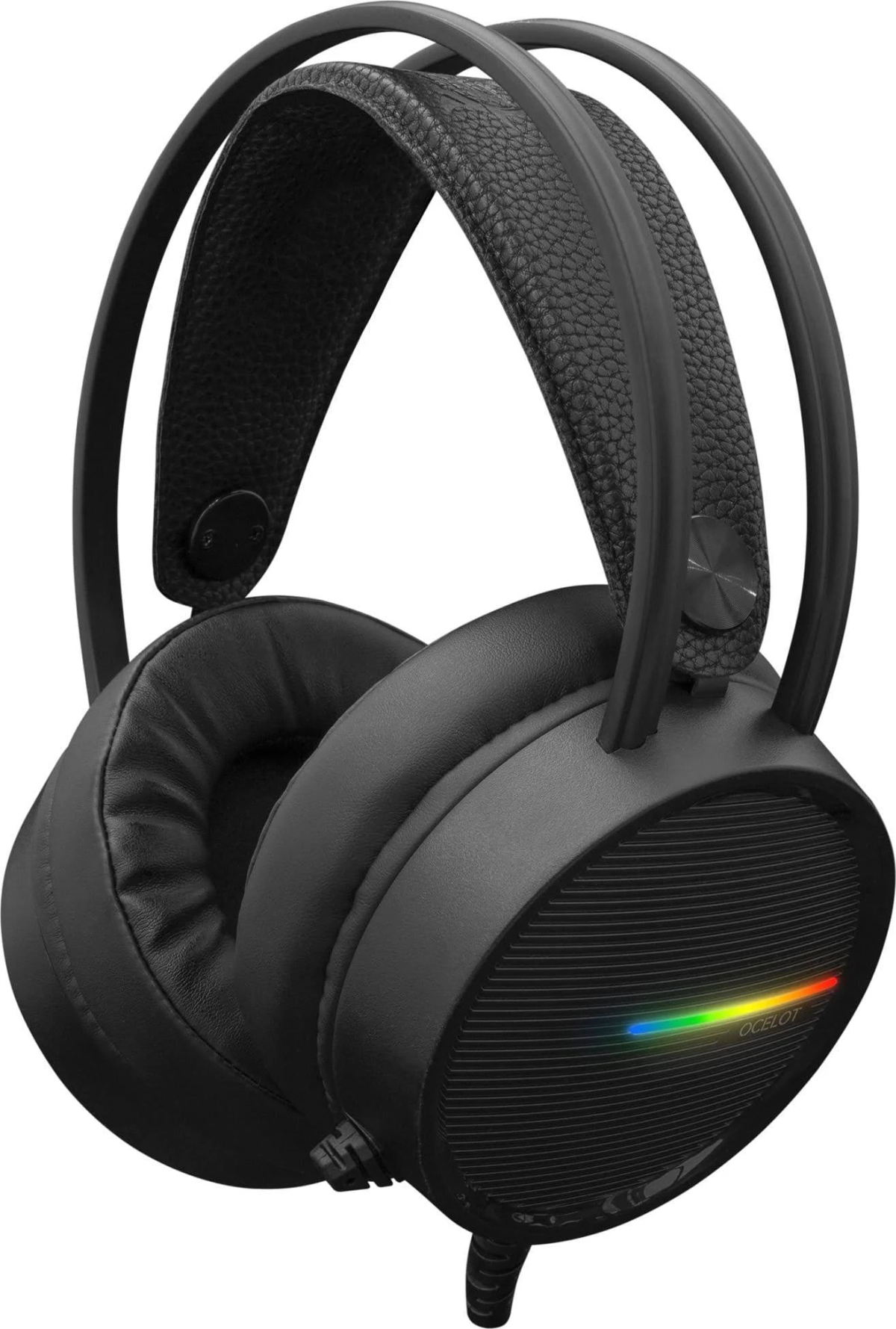 Czarne słuchawki dla graczy. Konstrukcja nauszna z wyściełanymi nausznikami, pałąkiem i przewodem.