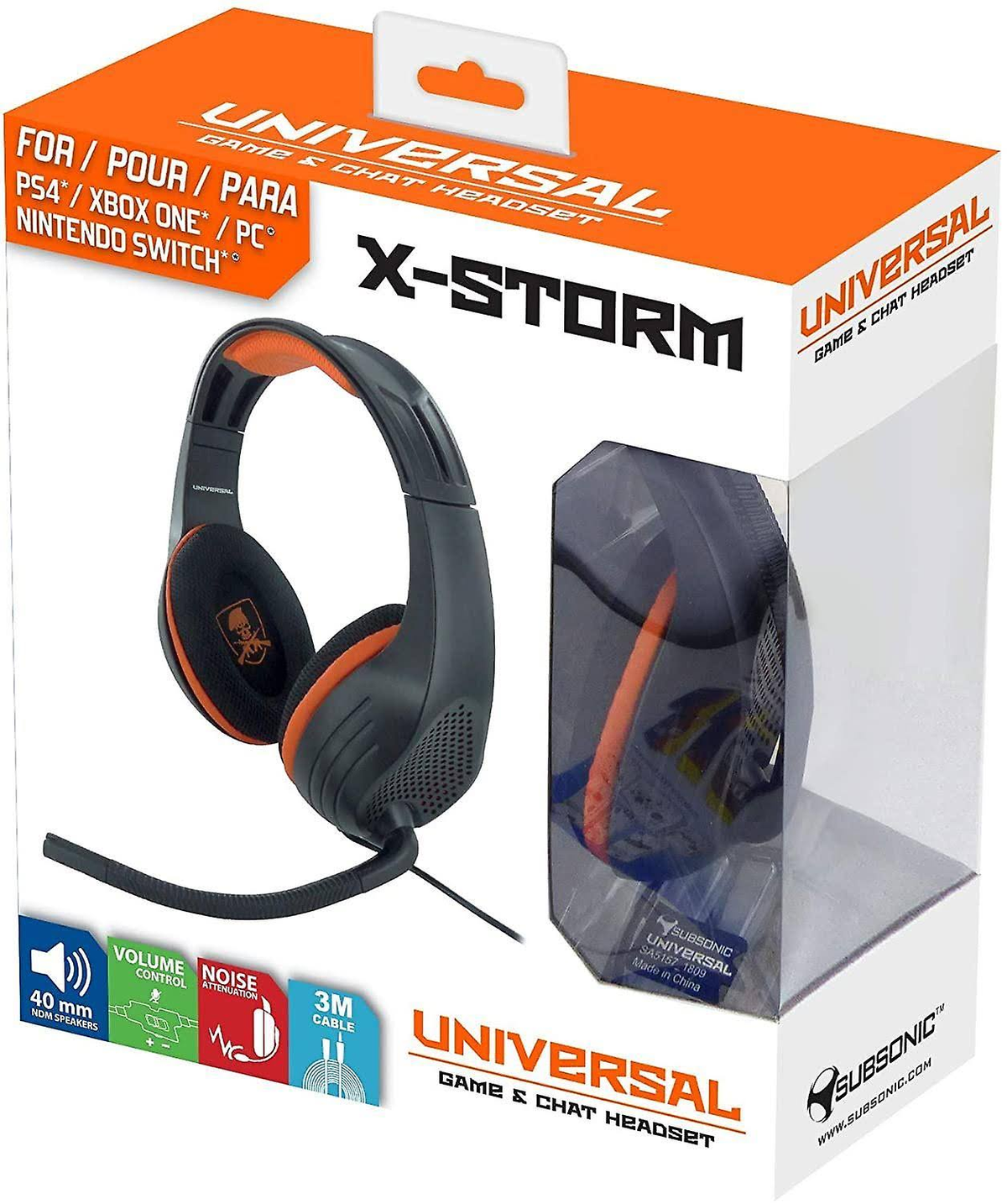 Pudełko z zestawem słuchawkowym z zestawem słuchawkowym w środku i wymienionymi funkcjami produktu. Pudełko jest pomarańczowe i białe.