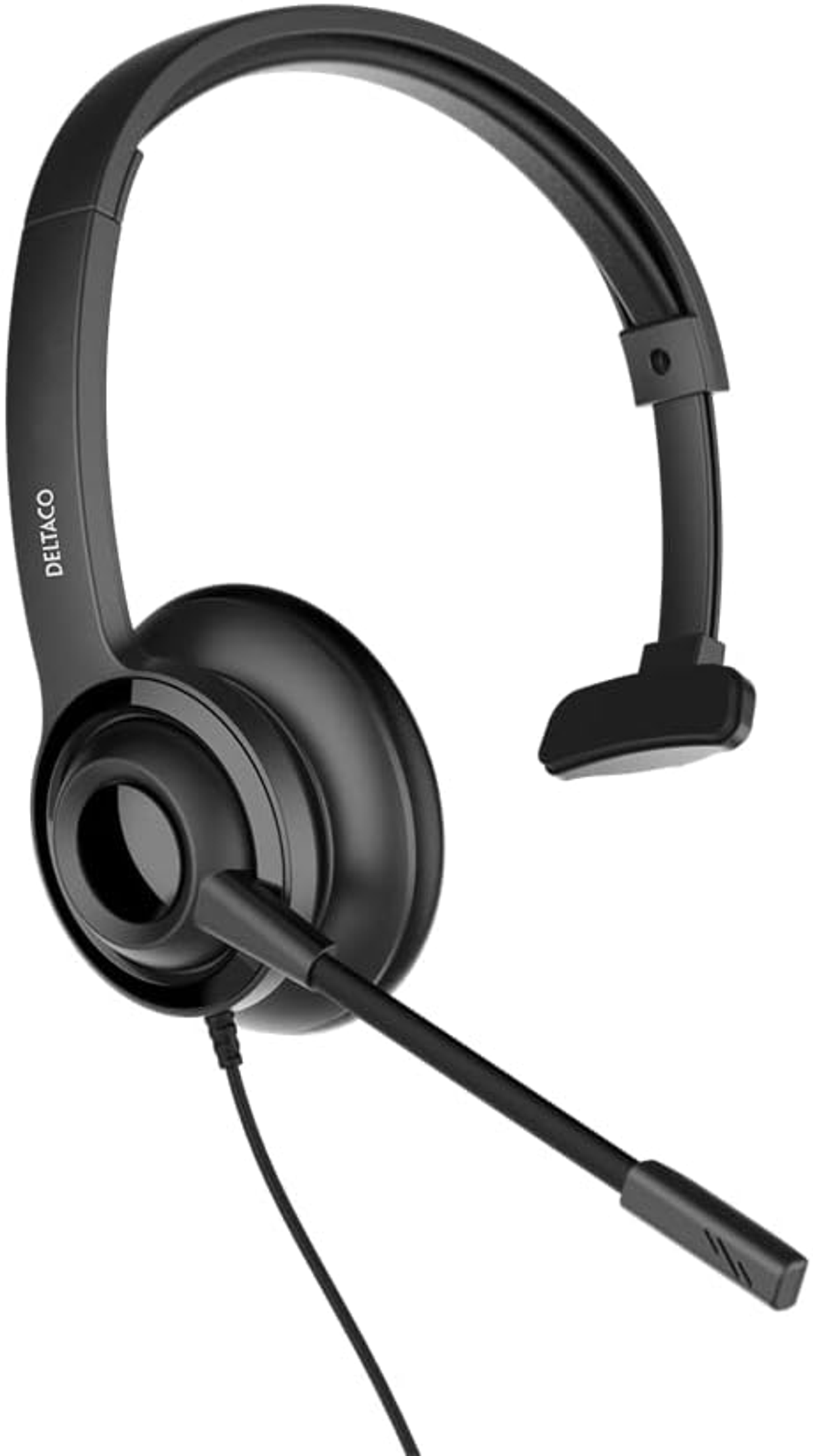 Un auricular negro con micrófono, cable y el logotipo de DeltaCo.