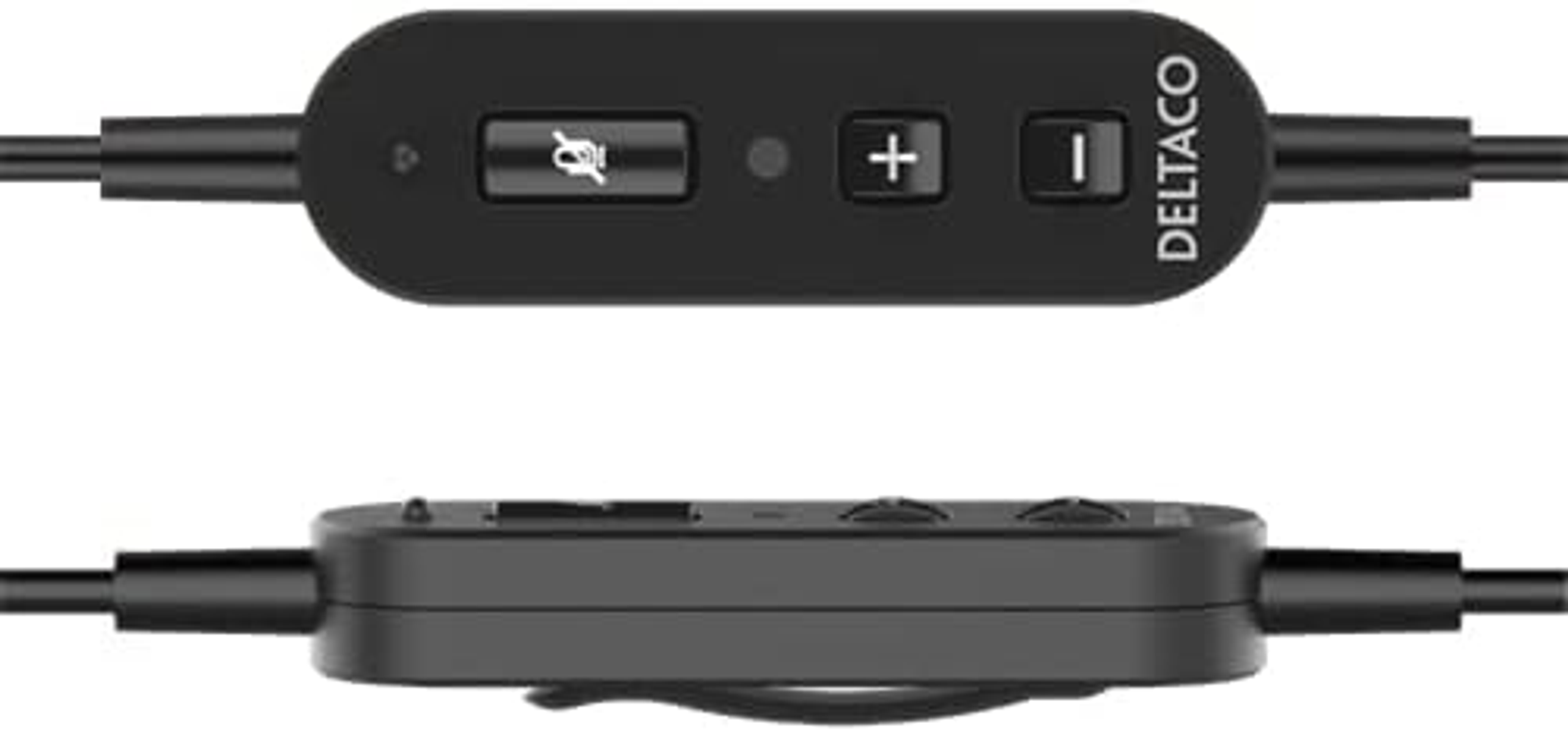 Mando a distancia en línea negro para auriculares con silencio de micrófono, controles de volumen y marca.