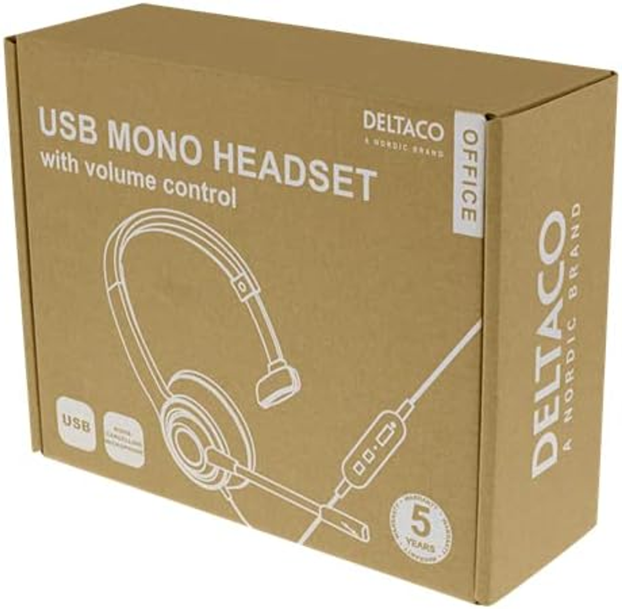 Caja de cartón marrón con una ilustración de auriculares mono USB y la marca Deltaco.
