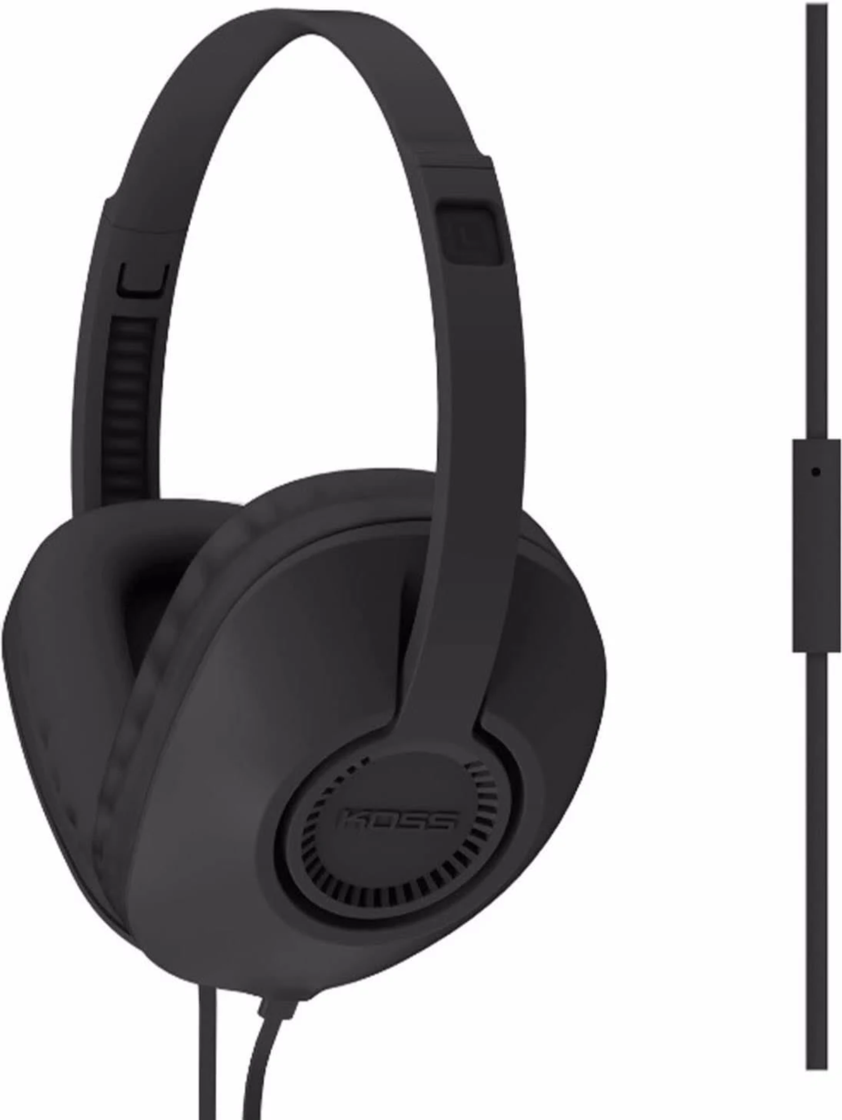 Casque noir avec un arceau et des écouteurs, et un câble avec un bouton de commande.