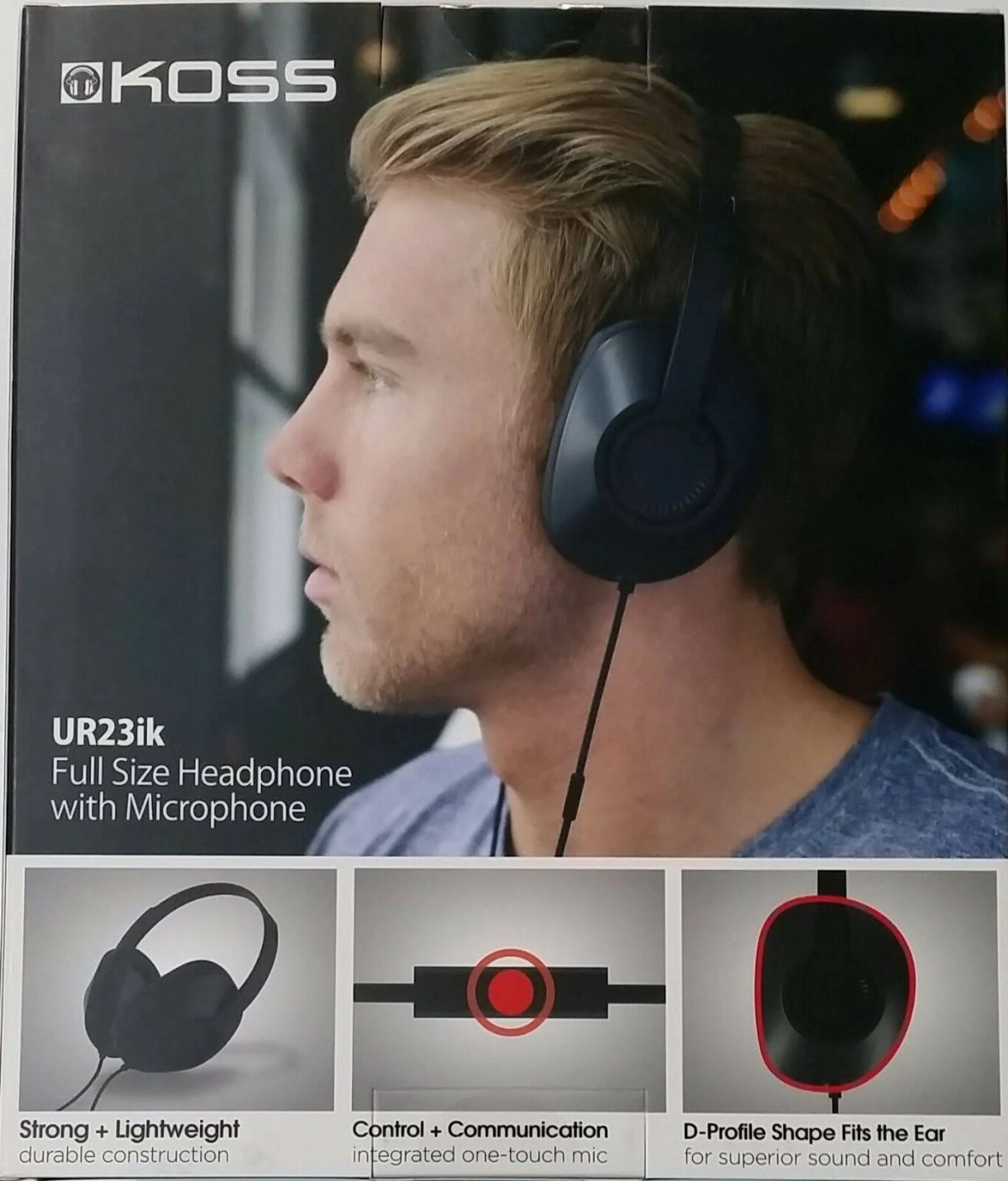Homme portant un casque noir. Détails du produit: texte, casque et schéma de microphone.