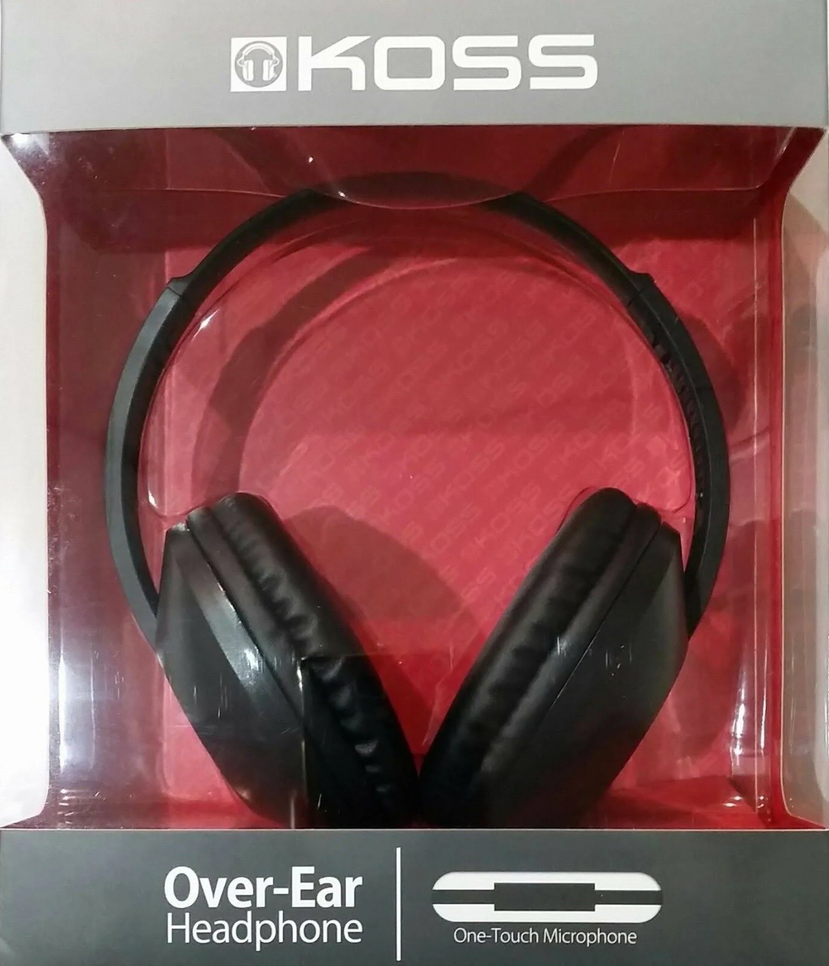 Casque circum-auriculaire noir dans une boîte avec intérieur rouge. Fond blanc.