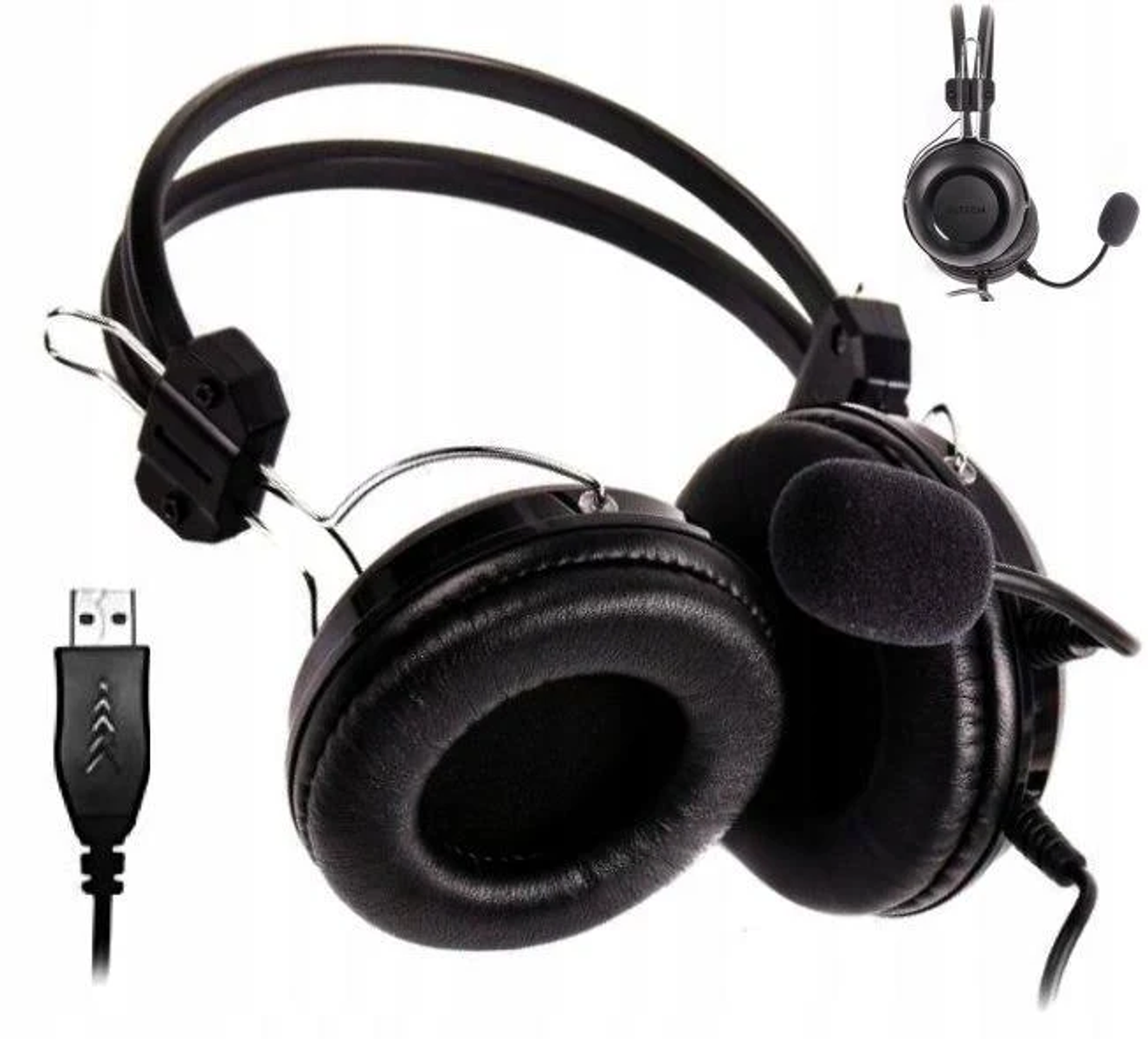 Czarny zestaw słuchawkowy USB z mikrofonem i dodatkowym elementem dousznym.