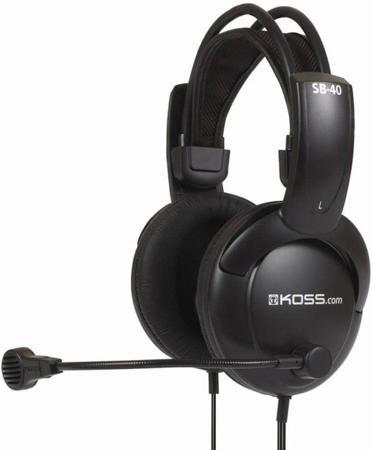 Cuffie nere sovraurali con microfono, marchio KOSS.com.