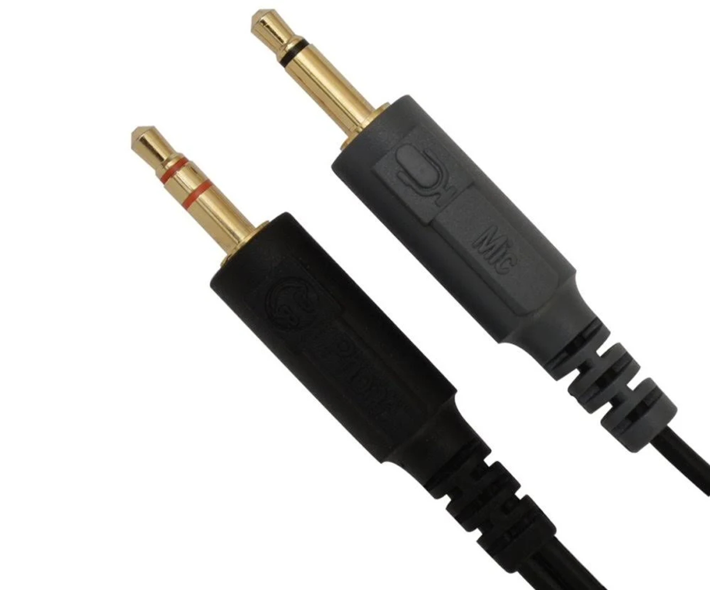 Due cavi jack audio, uno nero e uno grigio, con punte color oro.