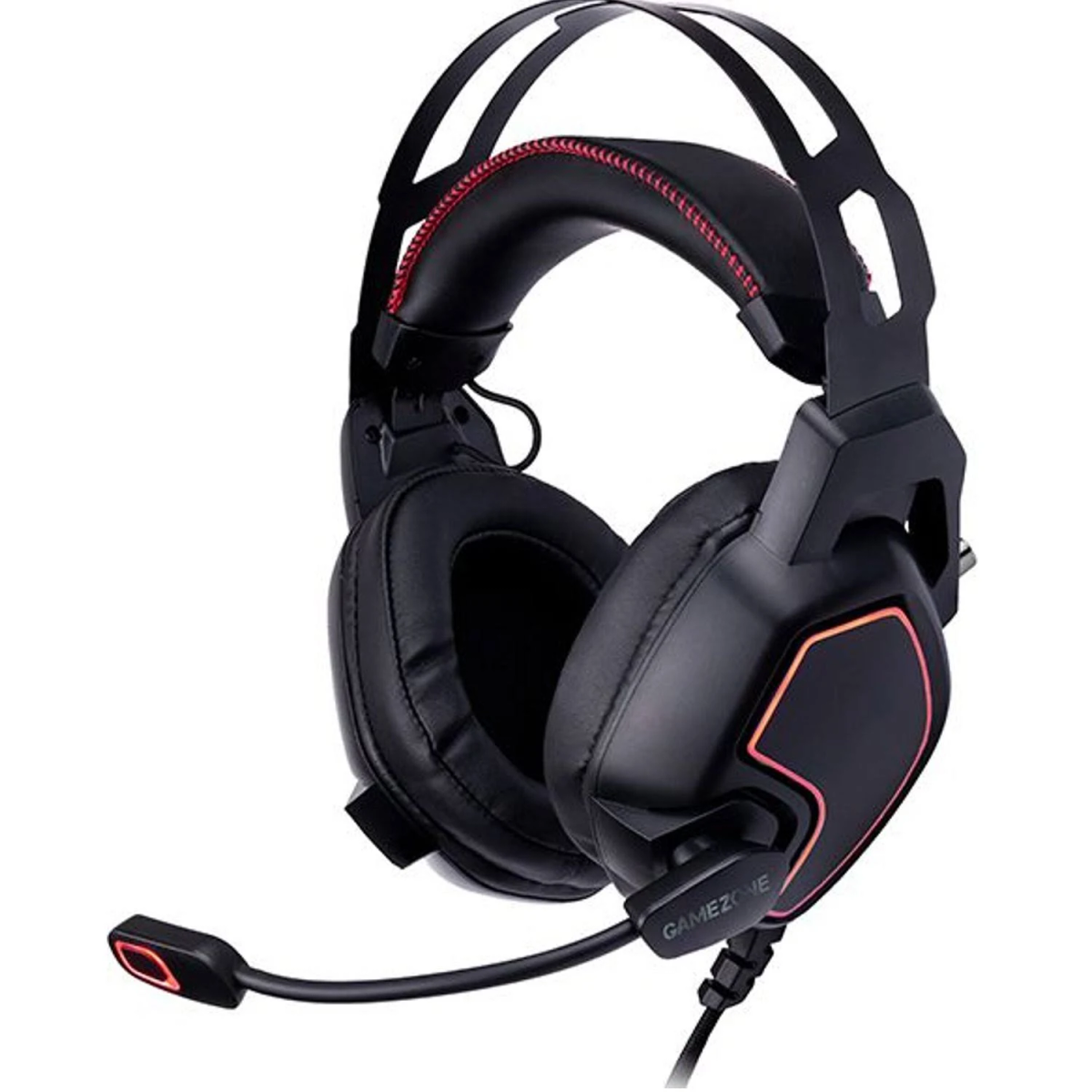 Czarne słuchawki do gier z czerwonymi akcentami, mikrofonem i nazwą Gamezone.