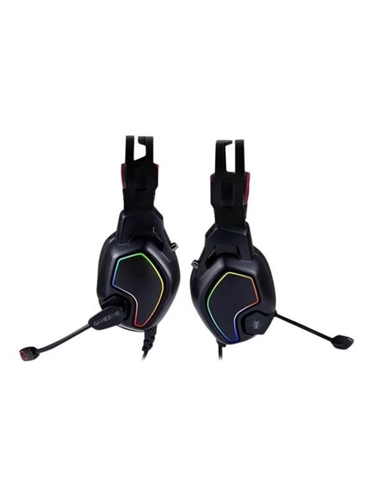 Para czarnych słuchawek do gier z kolorowymi światłami, mikrofonem i kablem.