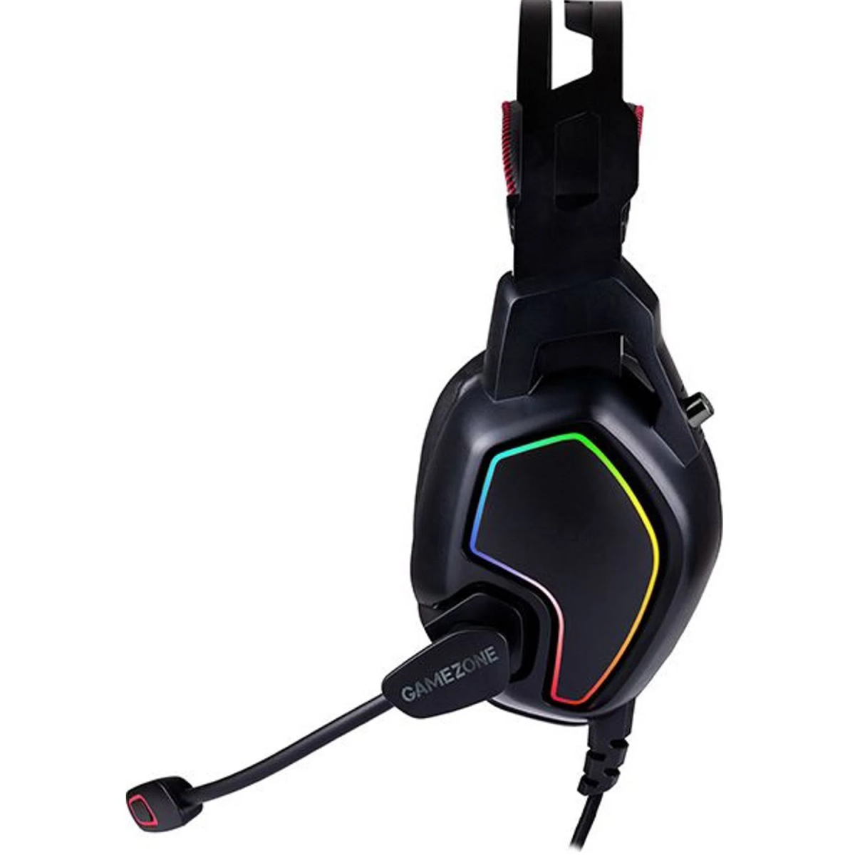 Czarne słuchawki dla graczy z mikrofonem, oświetleniem RGB i elementami sterującymi.