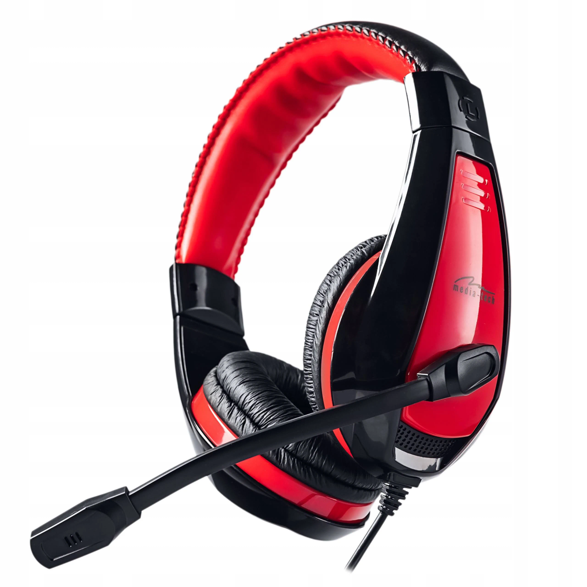Red and black over-ear headphones with a microphone. The headphones have a curved design with a brand logo.