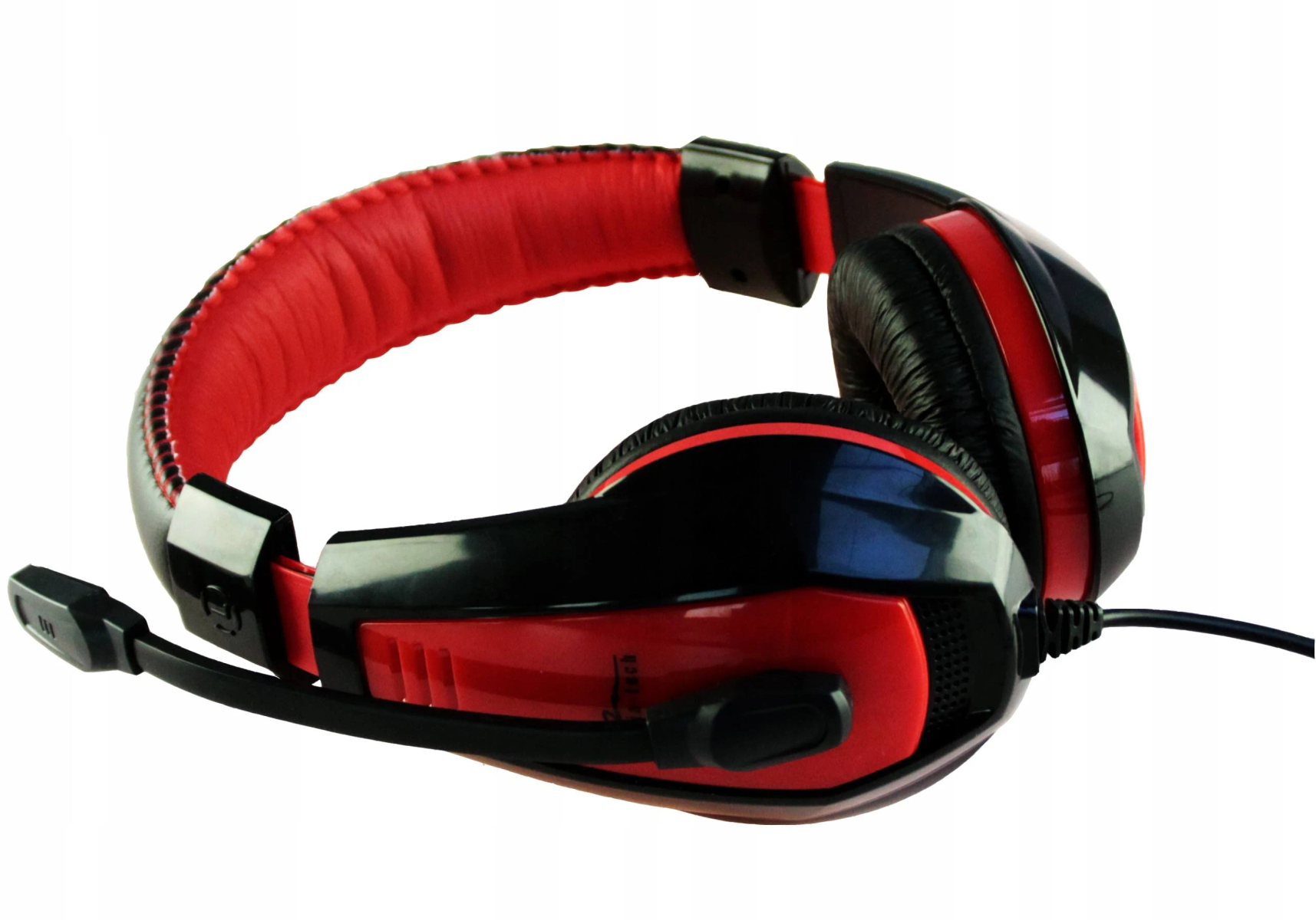 Black and red gaming headset with a microphone. The headset has a red headband and ear cups and a black frame.