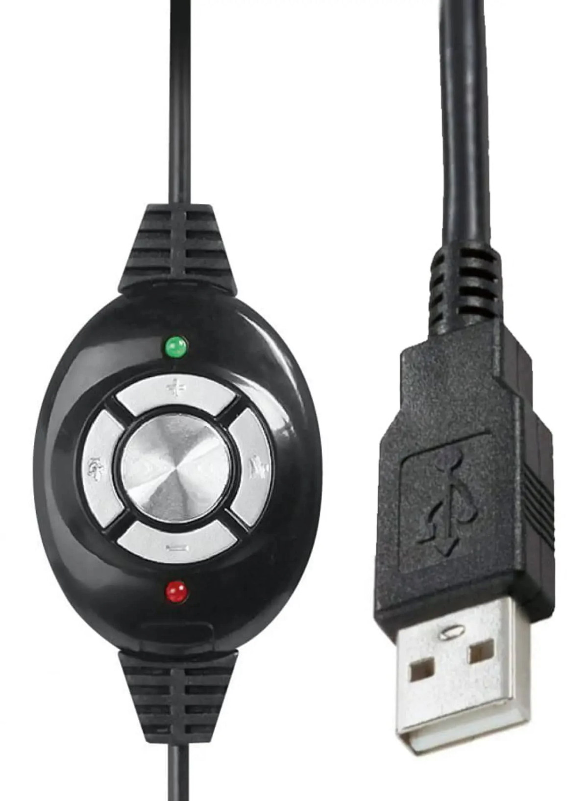 A black USB cable with control module, and a USB connector.