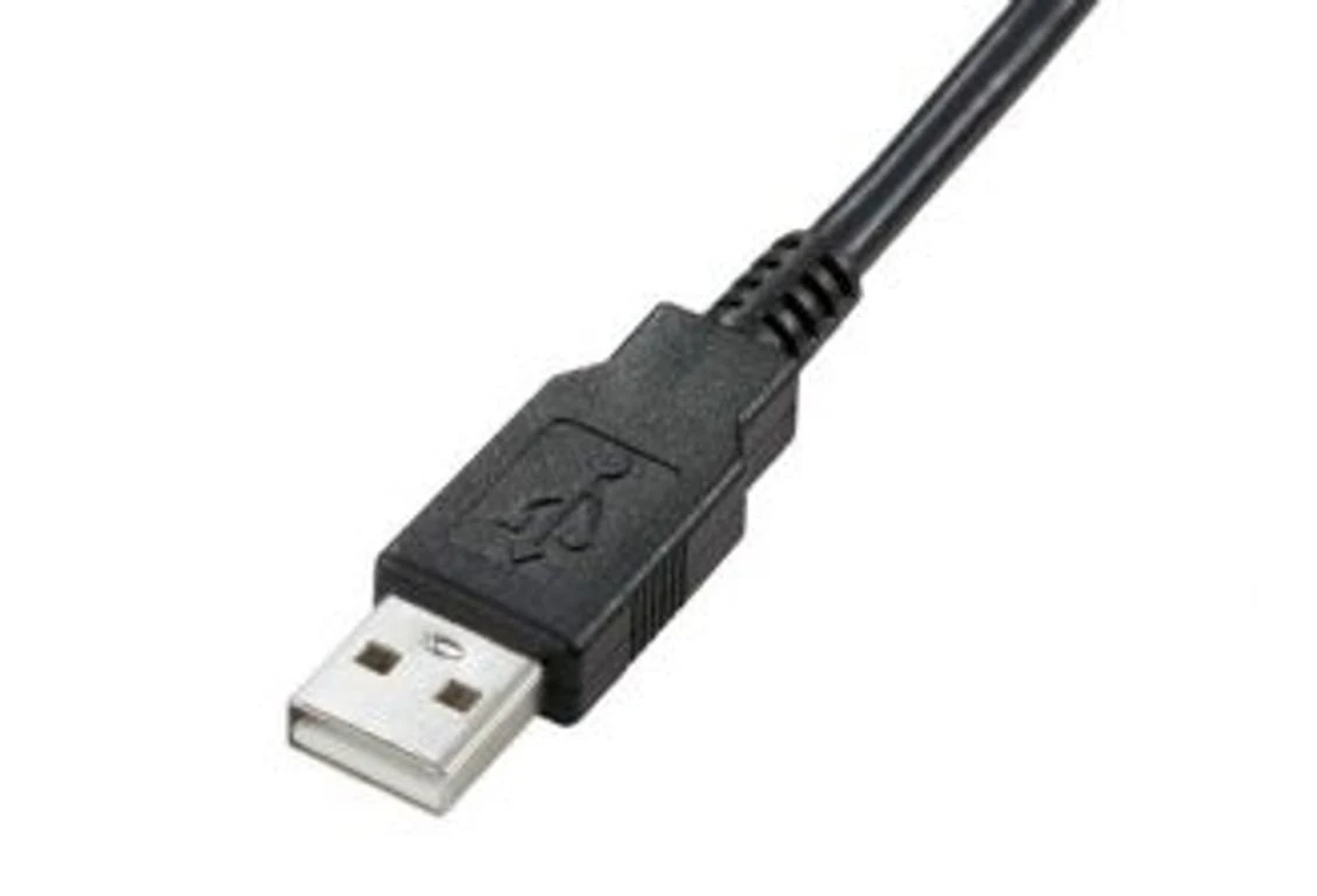 A black USB cable with a USB connector on a white background.