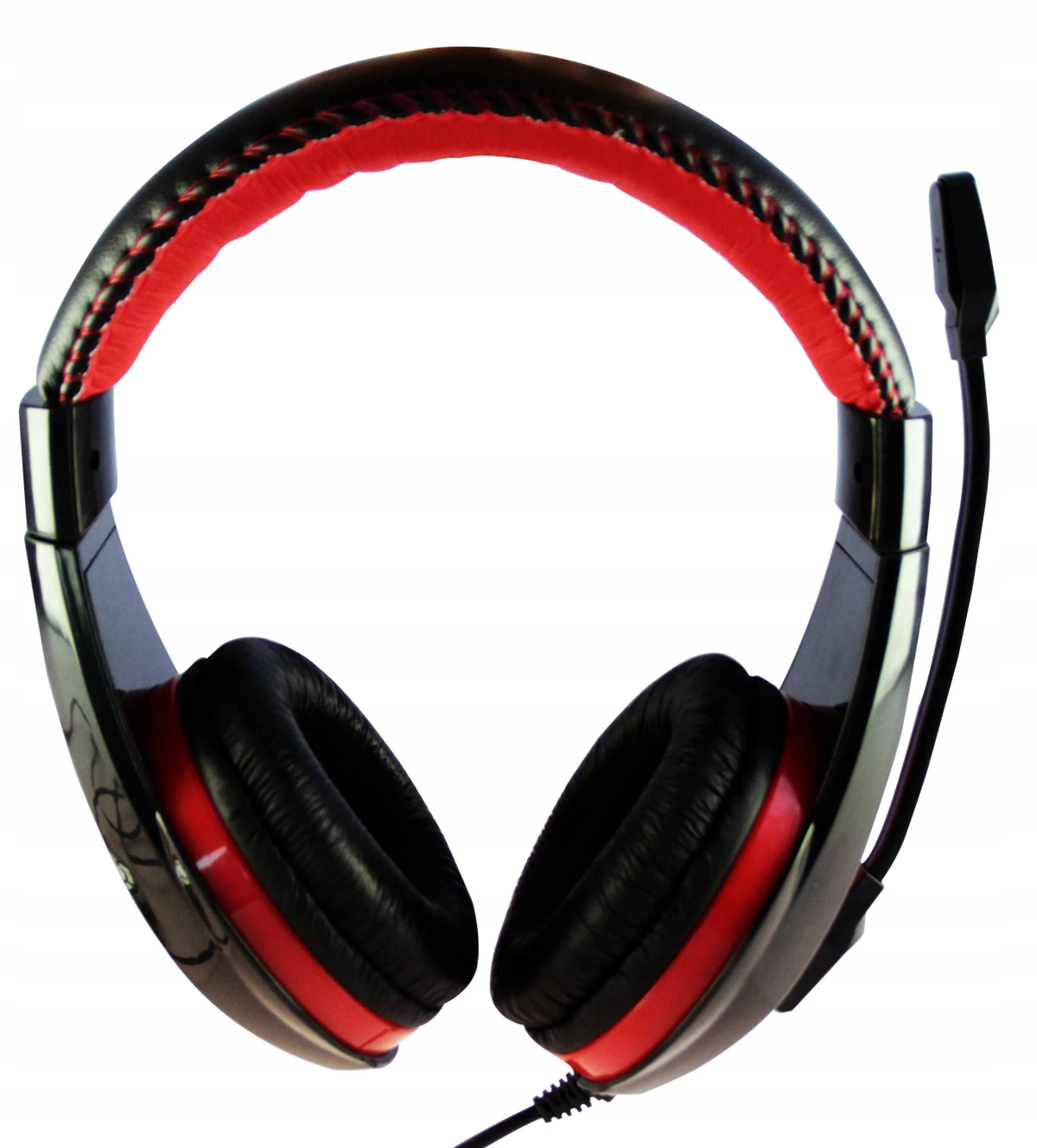 Black and red gaming headphones with a microphone. They have a curved, padded headband.