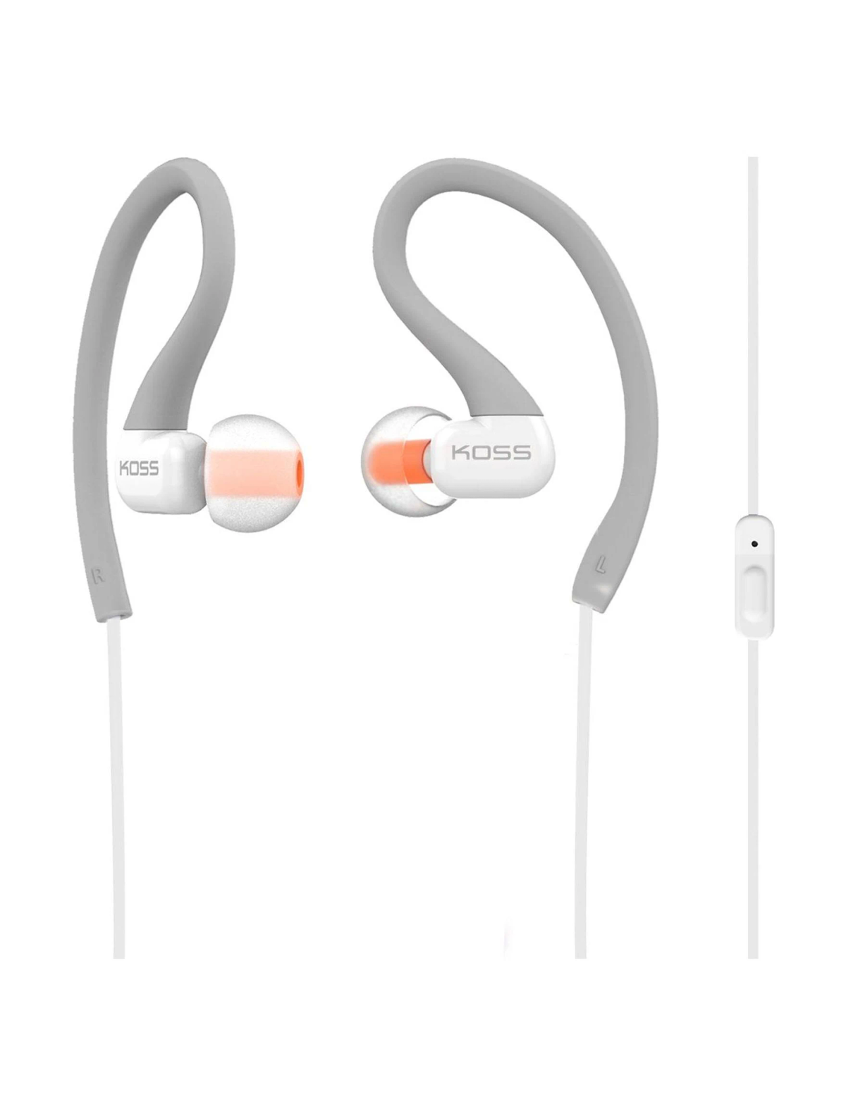 Auricolari sportivi bianchi e grigi con dettagli arancioni su sfondo bianco.
