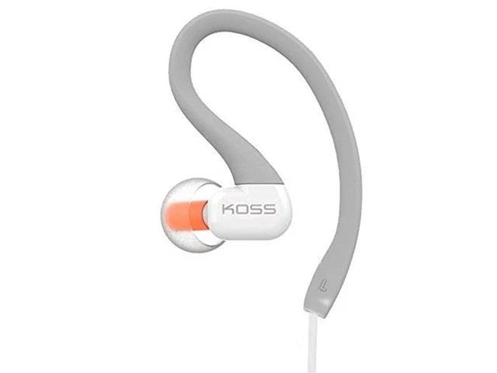 Un auricolare grigio e bianco con un design curvo, con un grande gancio per l'orecchio. Il marchio 'KOSS' è visibile.