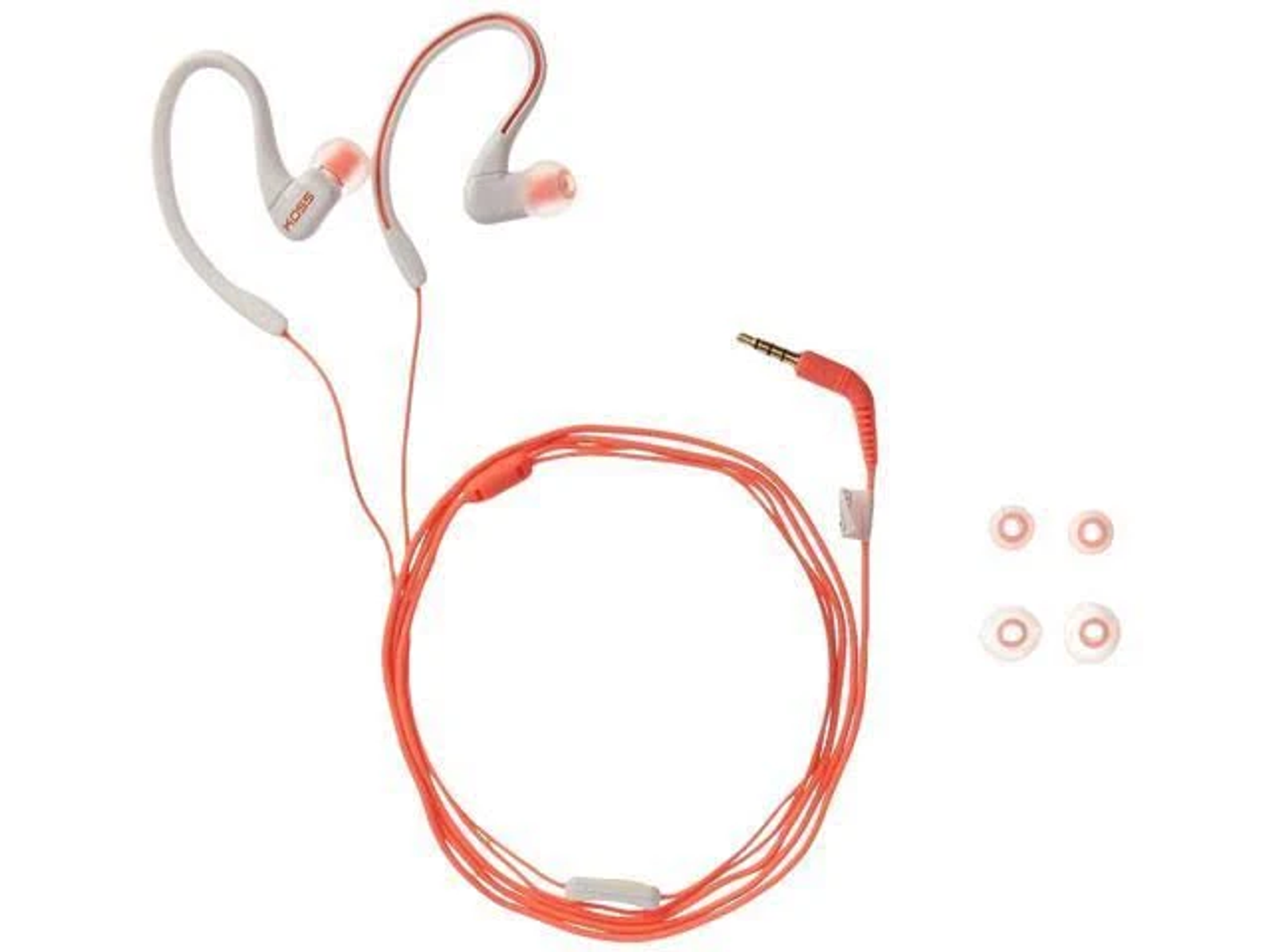 Auricolari cablati arancioni con auricolari extra e jack da 3,5 mm.
