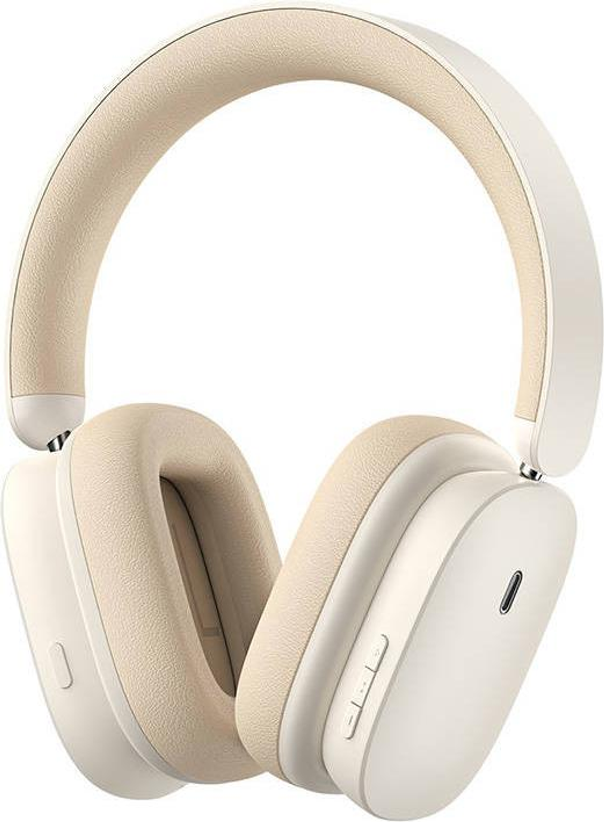 Cuffie bianche con padiglioni beige e porta USB-C, su sfondo bianco.