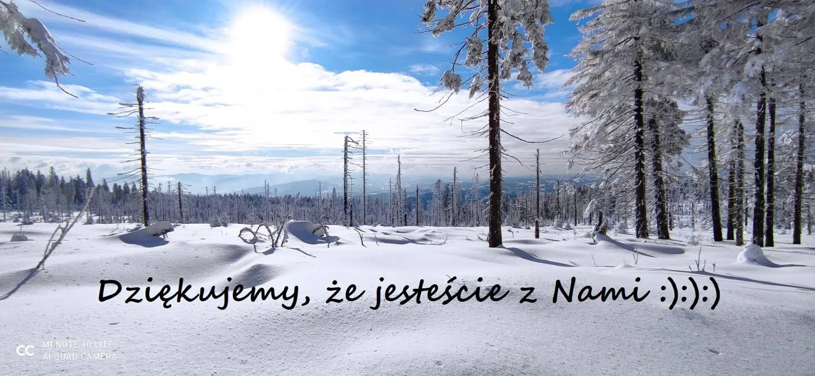 Zasypany śniegiem zimowy krajobraz z ośnieżonymi drzewami i błękitnym niebem. Polski tekst na dole.