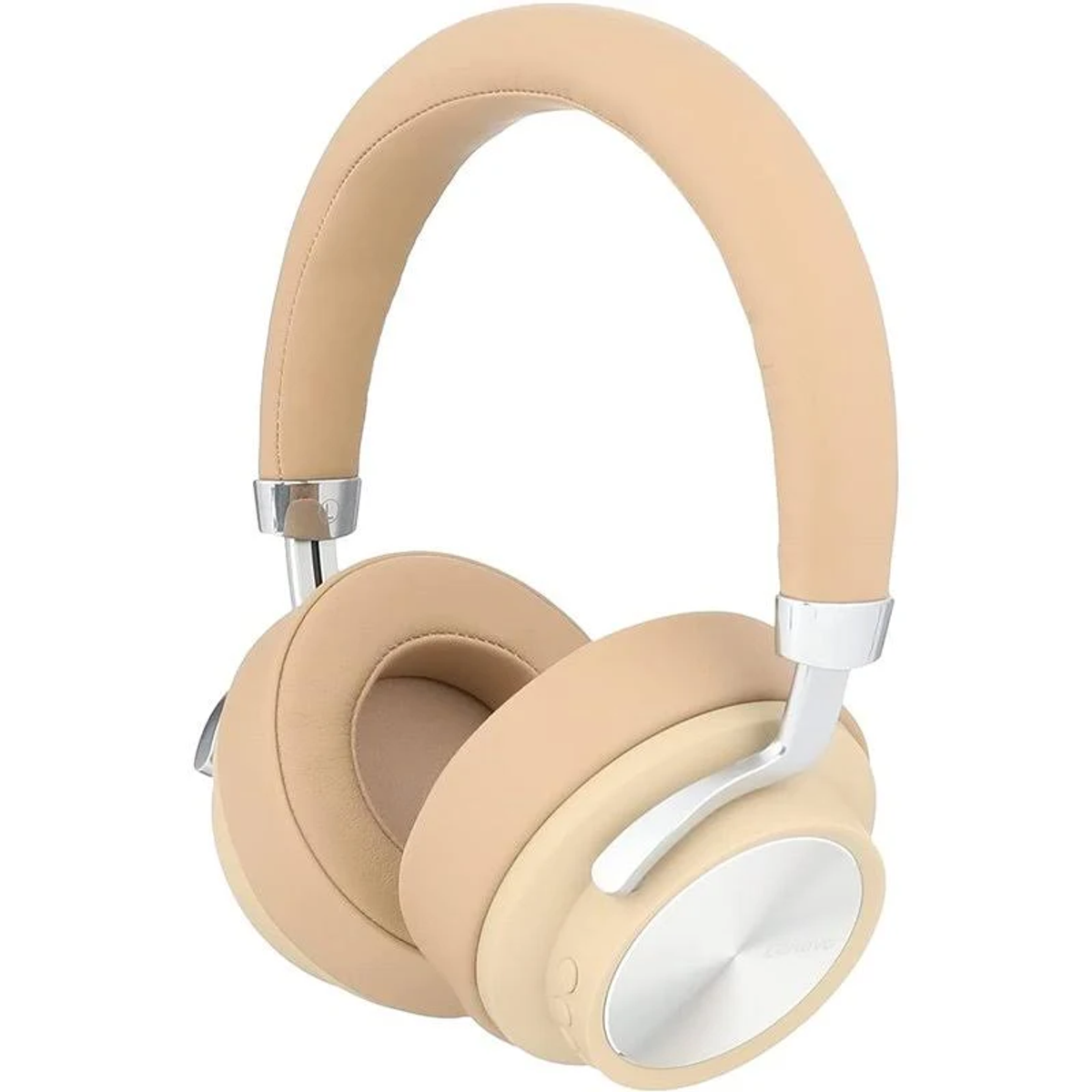 Auriculares beige con detalles plateados, sobre fondo blanco.